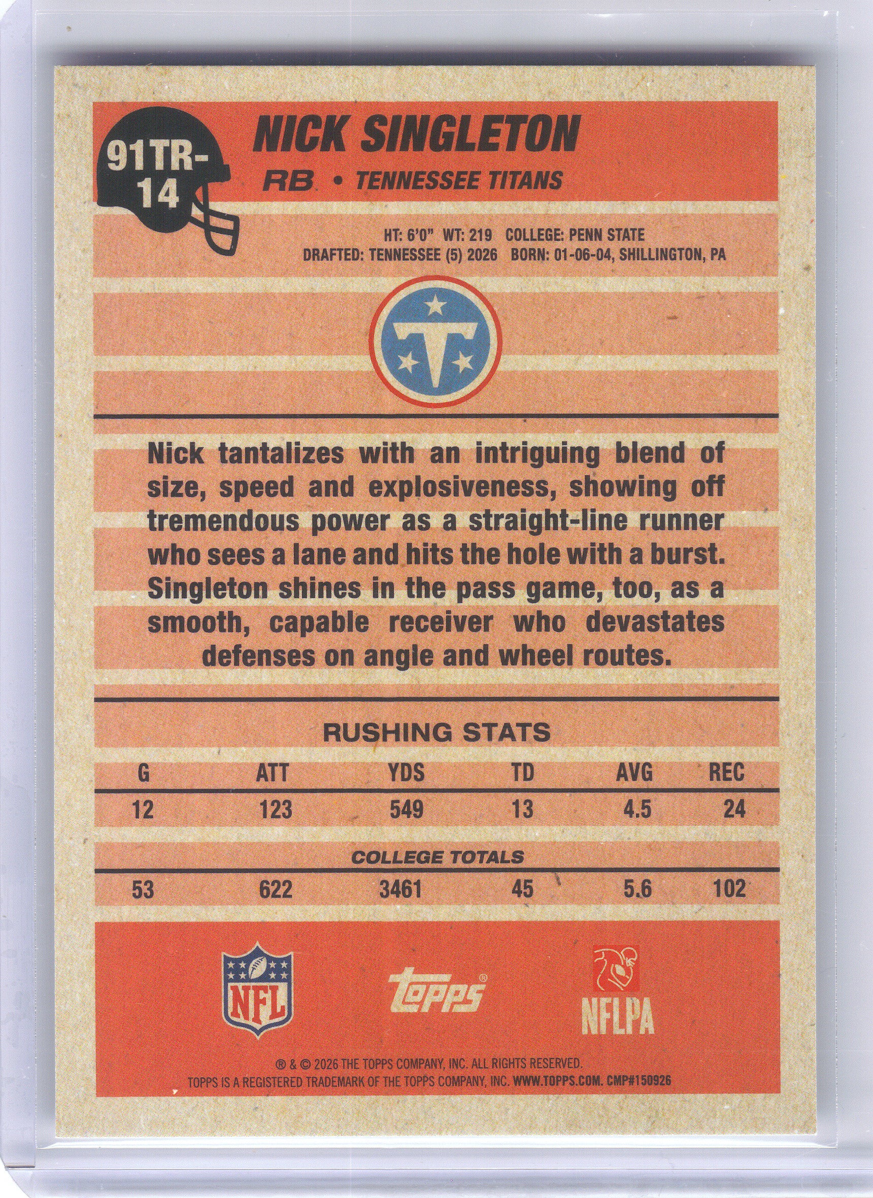 2026 Topps Flagship #91TR-14 Nick Singleton 1991 Topps Flagship Football Rookies Tennessee Titans