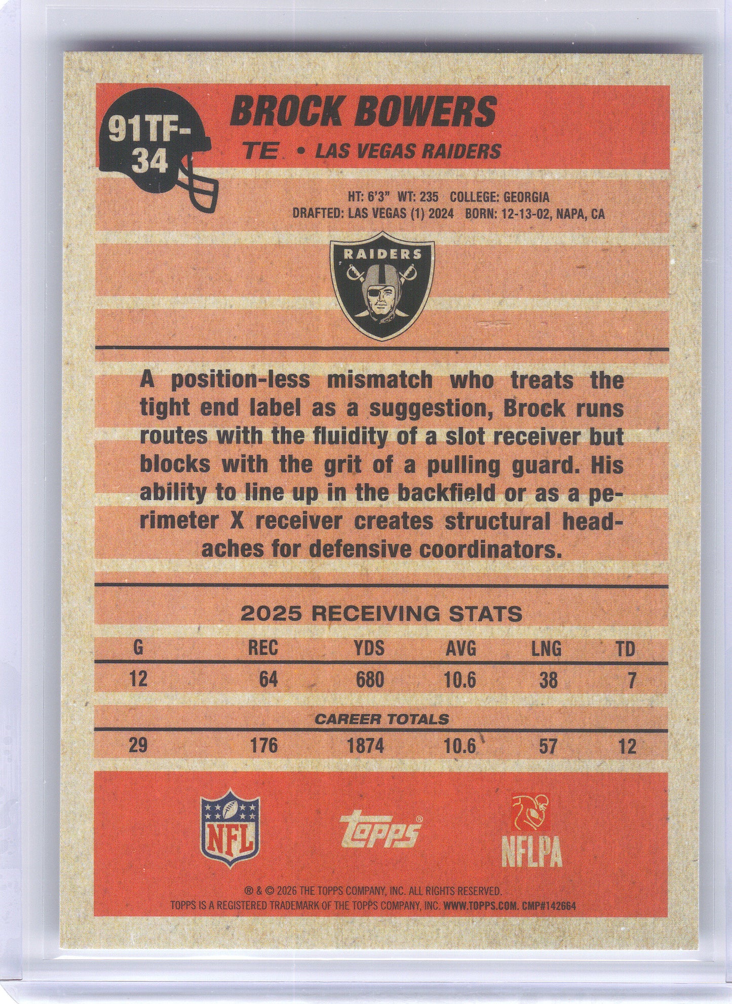 2026 Topps Flagship #91TF-34 Brock Bowers 1991 Topps Flagship Football Las Vegas Raiders