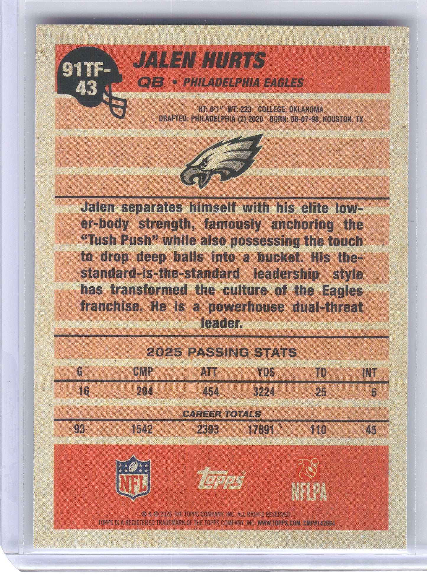 2026 Topps Flagship #91TF-43 Jalen Hurts 1991 Topps Flagship Football Philadelphia Eagles