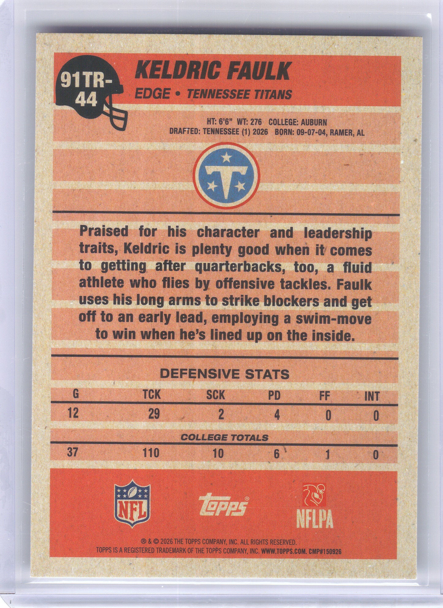 2026 Topps Flagship #91TR-44 Keldric Faulk 1991 Topps Flagship Football Rookies Tennessee Titans