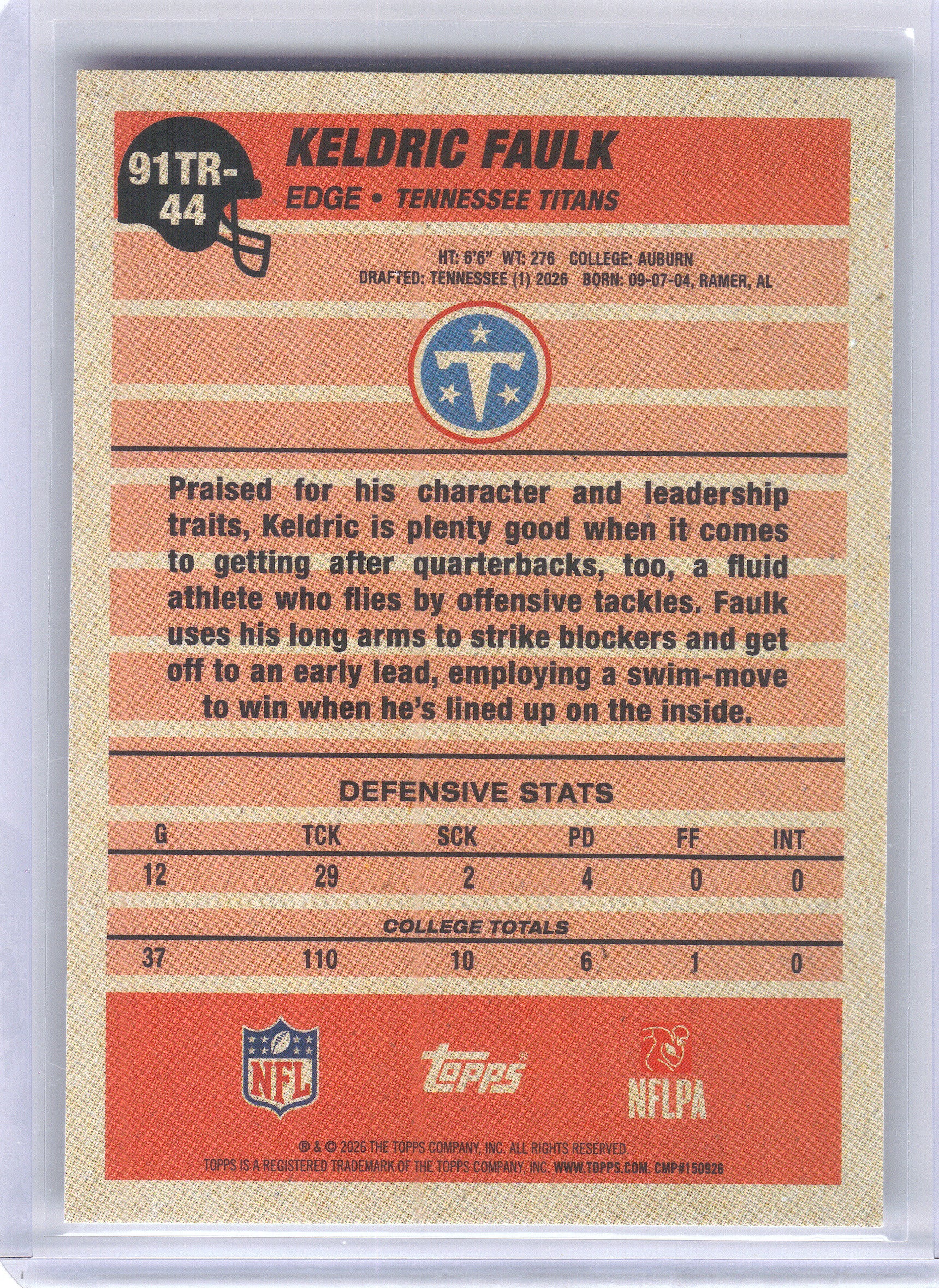 2026 Topps Flagship #91TR-44 Keldric Faulk 1991 Topps Flagship Football Rookies Tennessee Titans