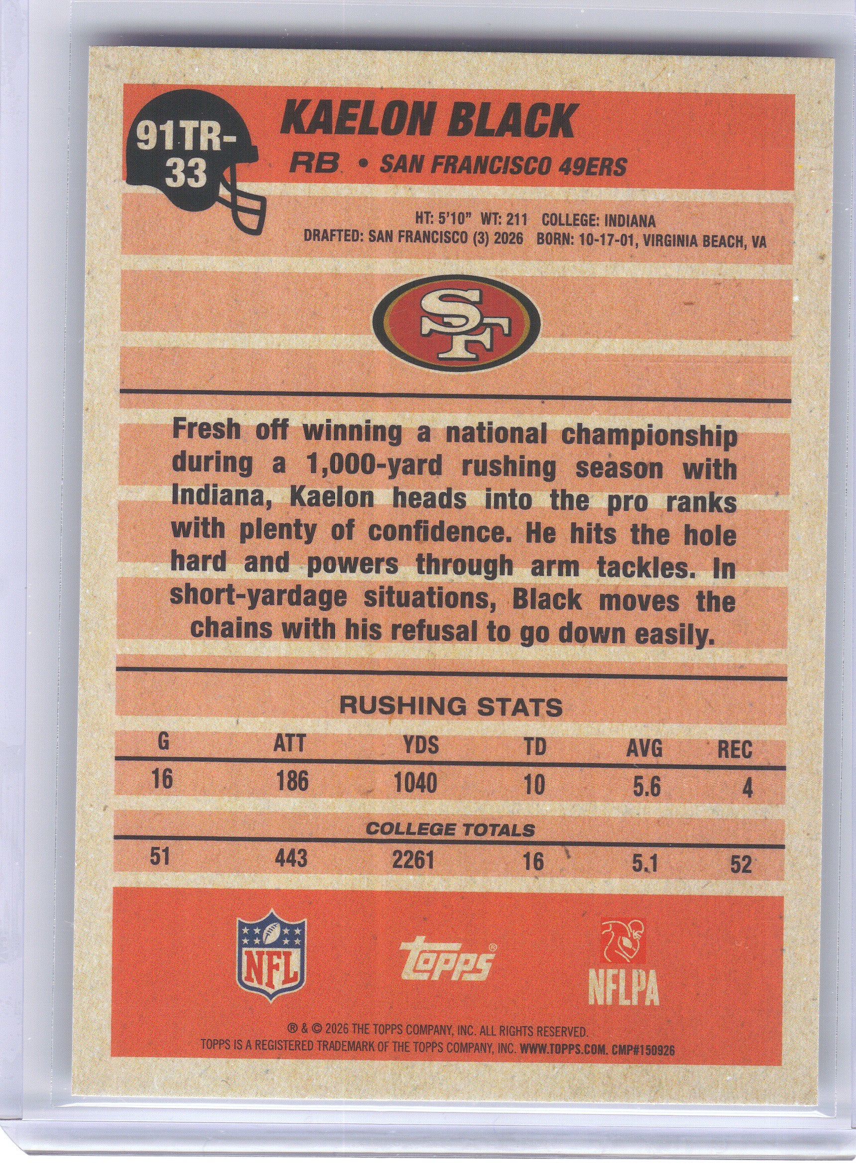 2026 Topps Flagship #91TR-33 Kaelon Black 1991 Topps Flagship Football Rookies San Francisco 49ers