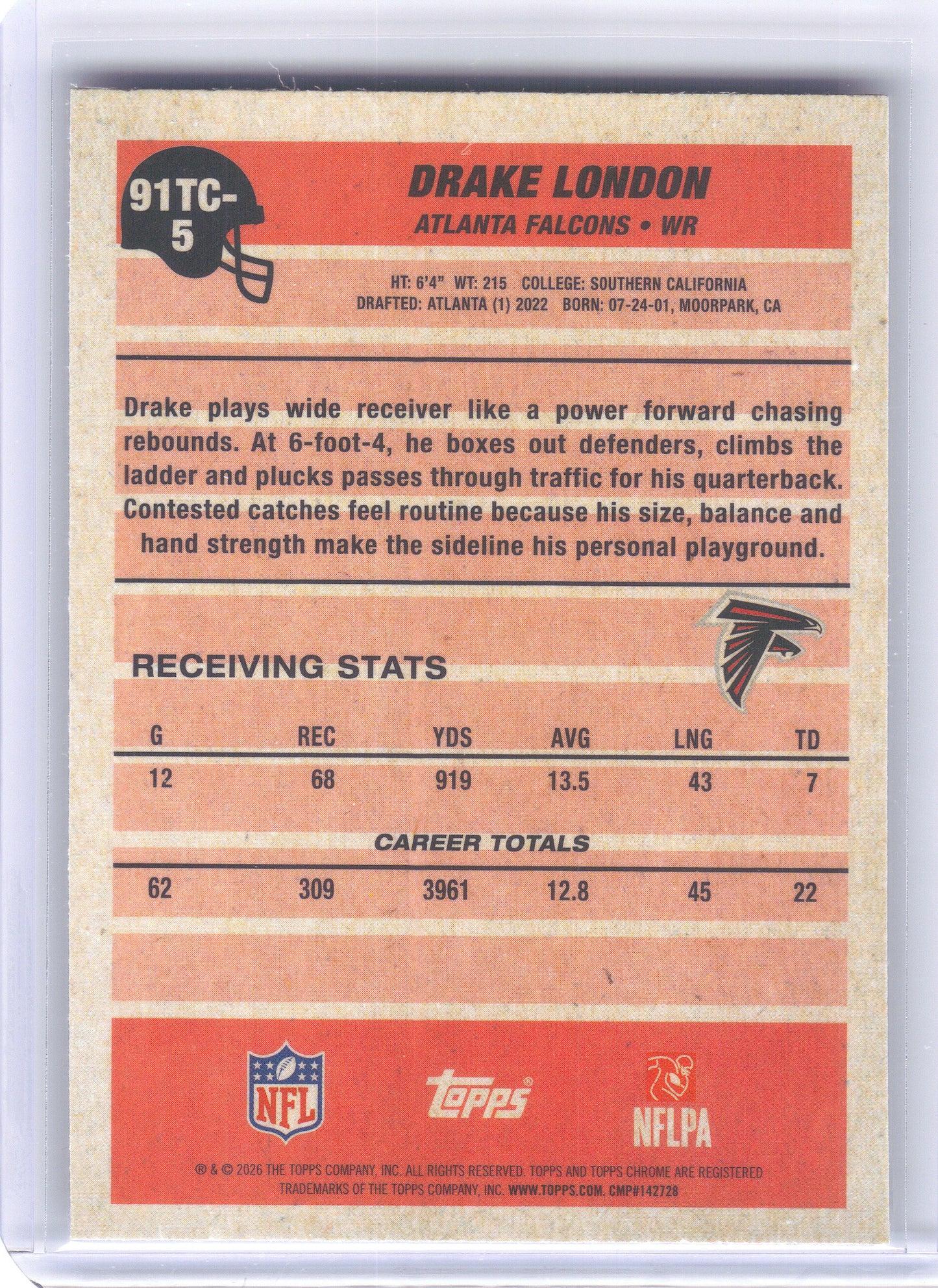 2026 Topps Flagship #91TC-5 Drake London 1991 Topps Flagship Football Chrome Mojo Chrome Atlanta Falcons