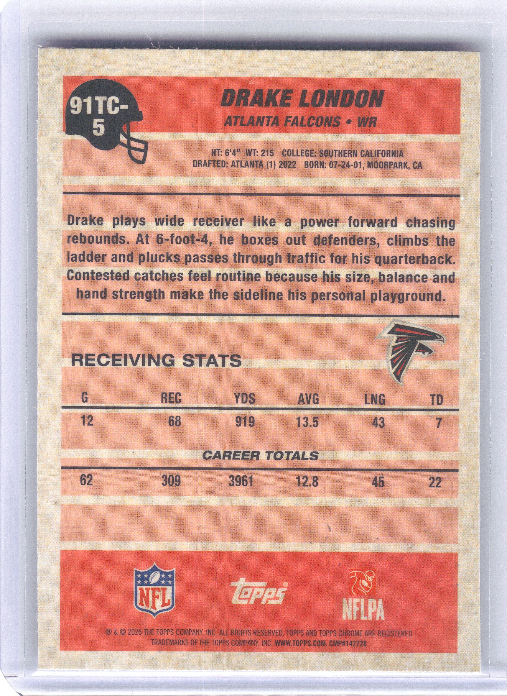 2026 Topps Flagship #91TC-5 Drake London 1991 Topps Flagship Football Chrome Mojo Chrome Atlanta Falcons