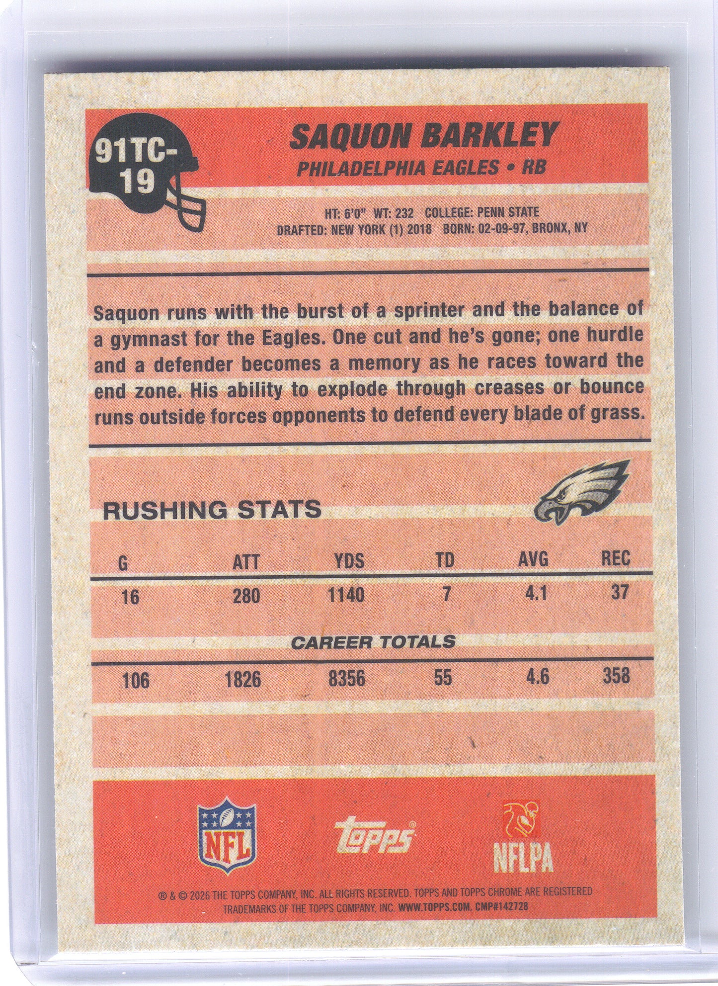 2026 Topps Flagship #91TC-19 Saquon Barkley 1991 Topps Flagship Football Chrome Mojo Chrome Philadelphia Eagles