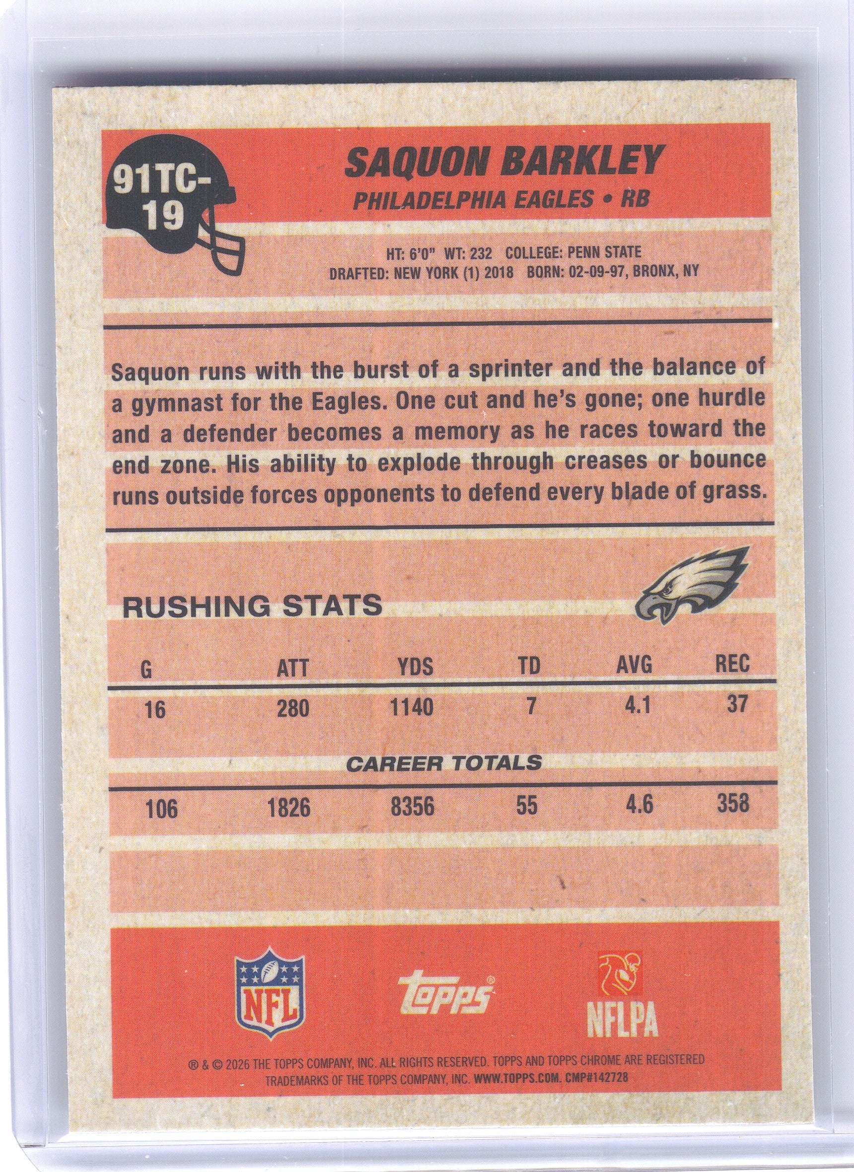 2026 Topps Flagship #91TC-19 Saquon Barkley 1991 Topps Flagship Football Chrome Mojo Chrome Philadelphia Eagles