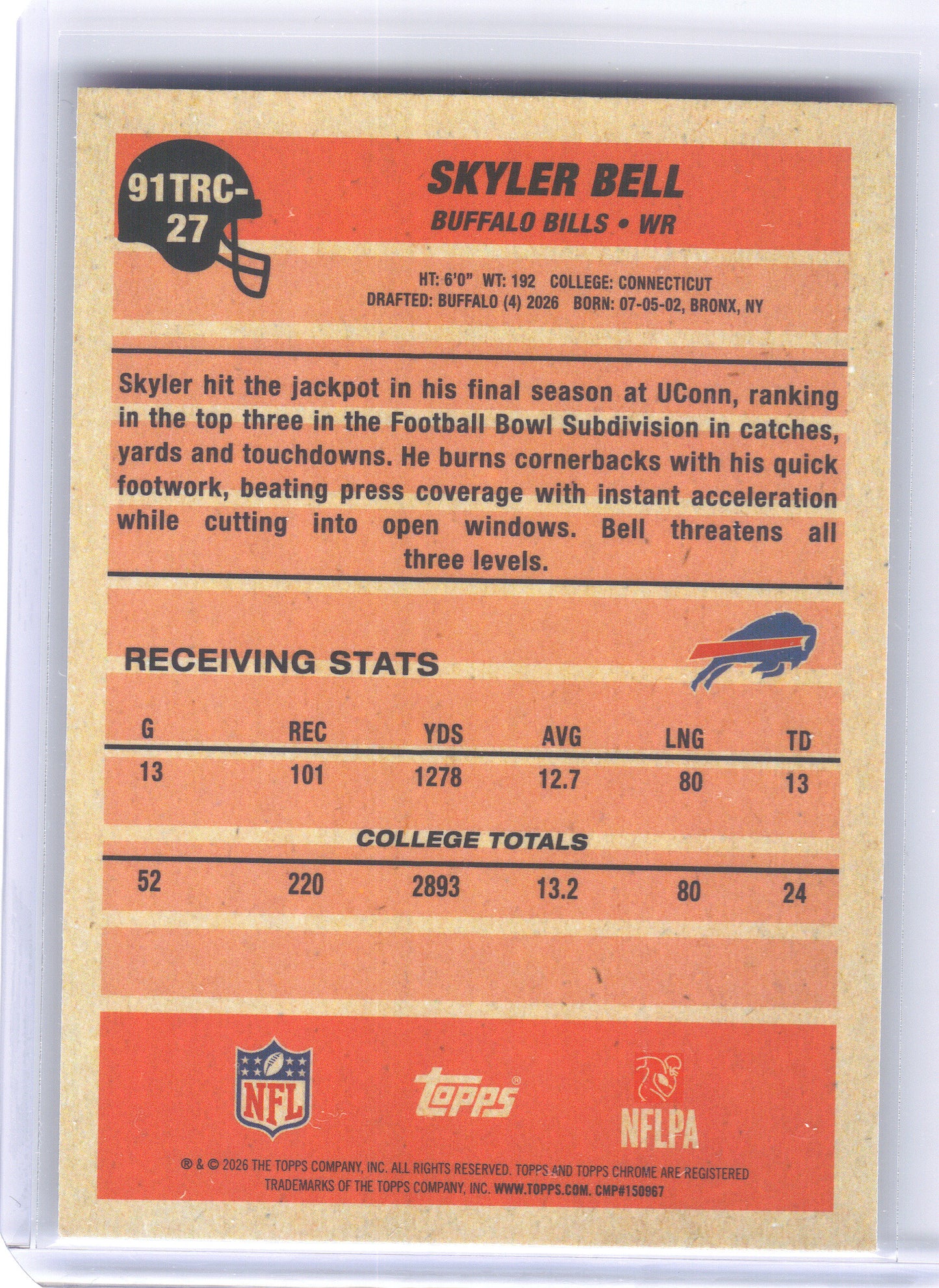 2026 Topps Flagship #91TRC-27 Skyler Bell 1991 Topps Flagship Football Rookies Chrome Mojo Chrome Buffalo Bills