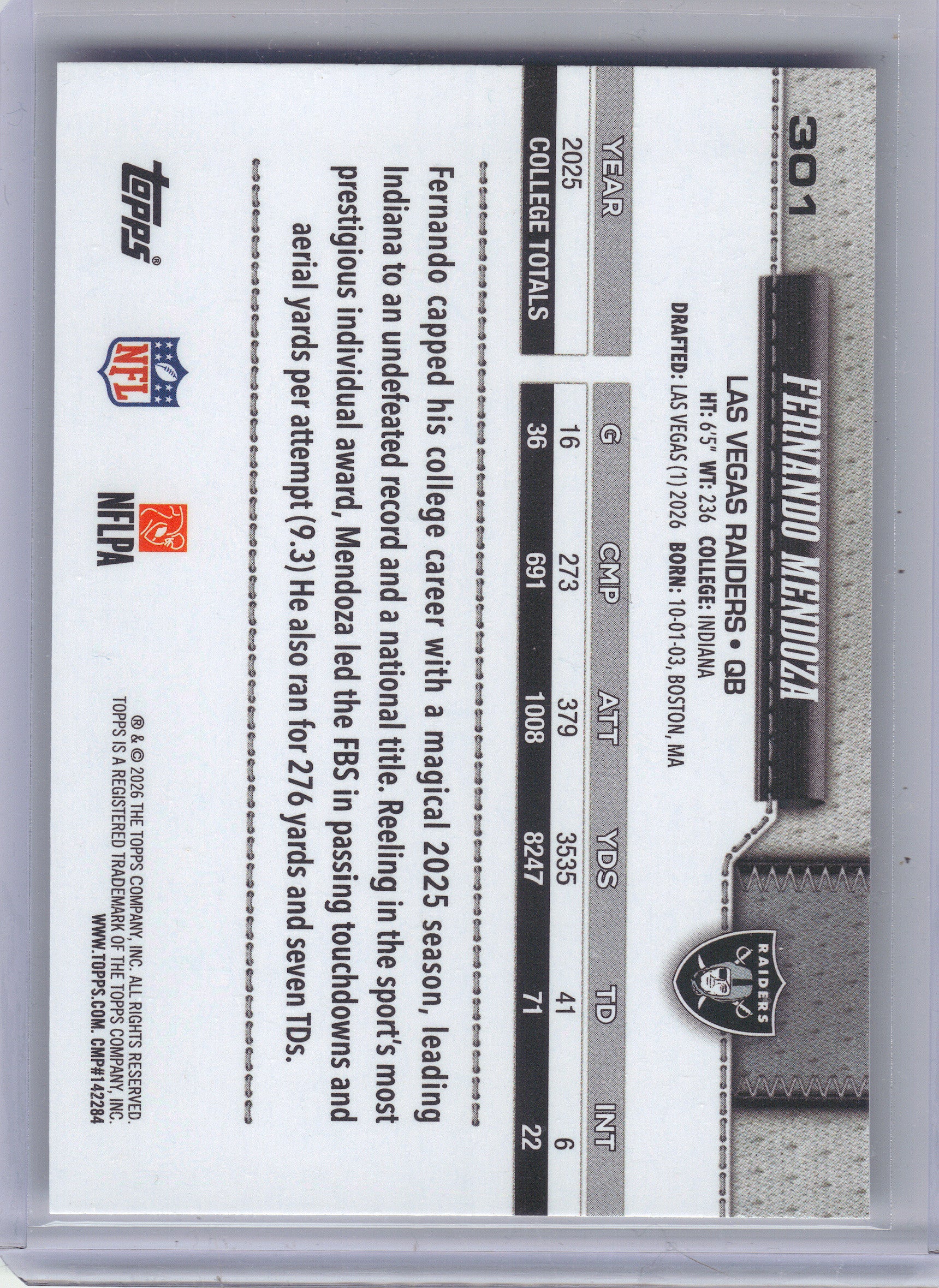 2026 Topps Flagship #301 Fernando Mendoza Las Vegas Raiders