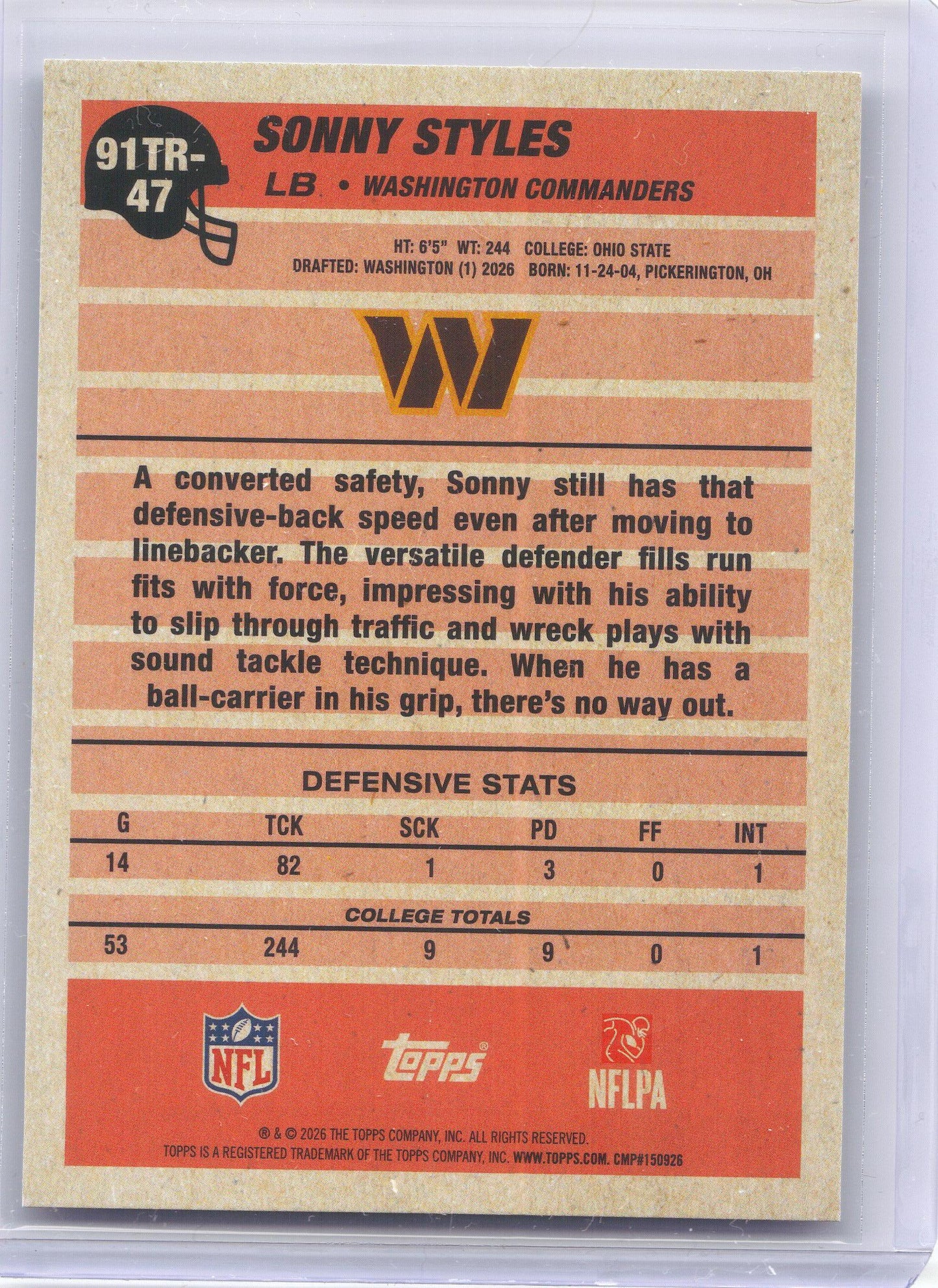 2026 Topps Flagship #91TR-47 Sonny Styles 1991 Topps Flagship Football Rookies Washington Commanders