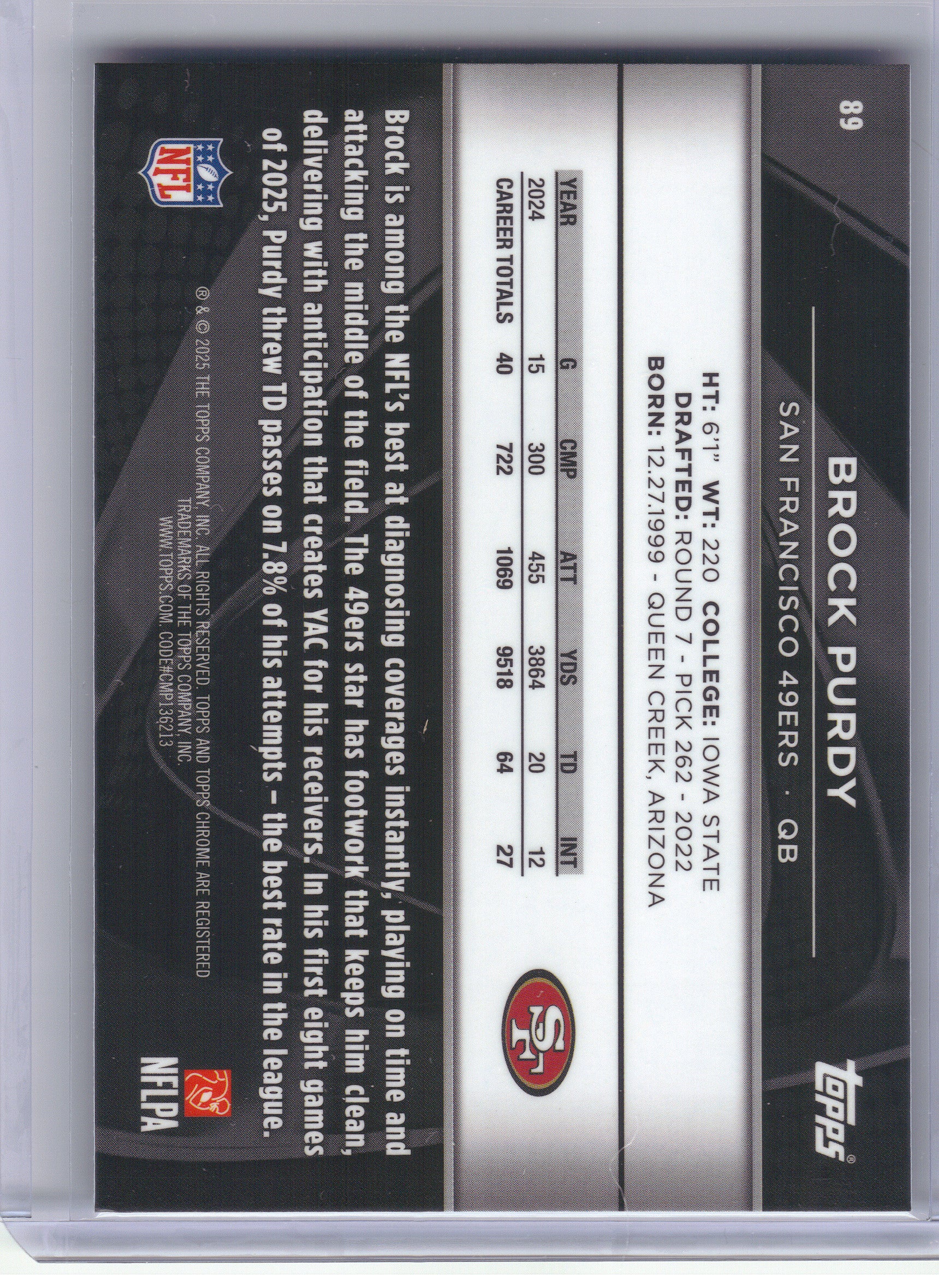 2025 Topps Chrome Black #89 Brock Purdy San Francisco 49ers