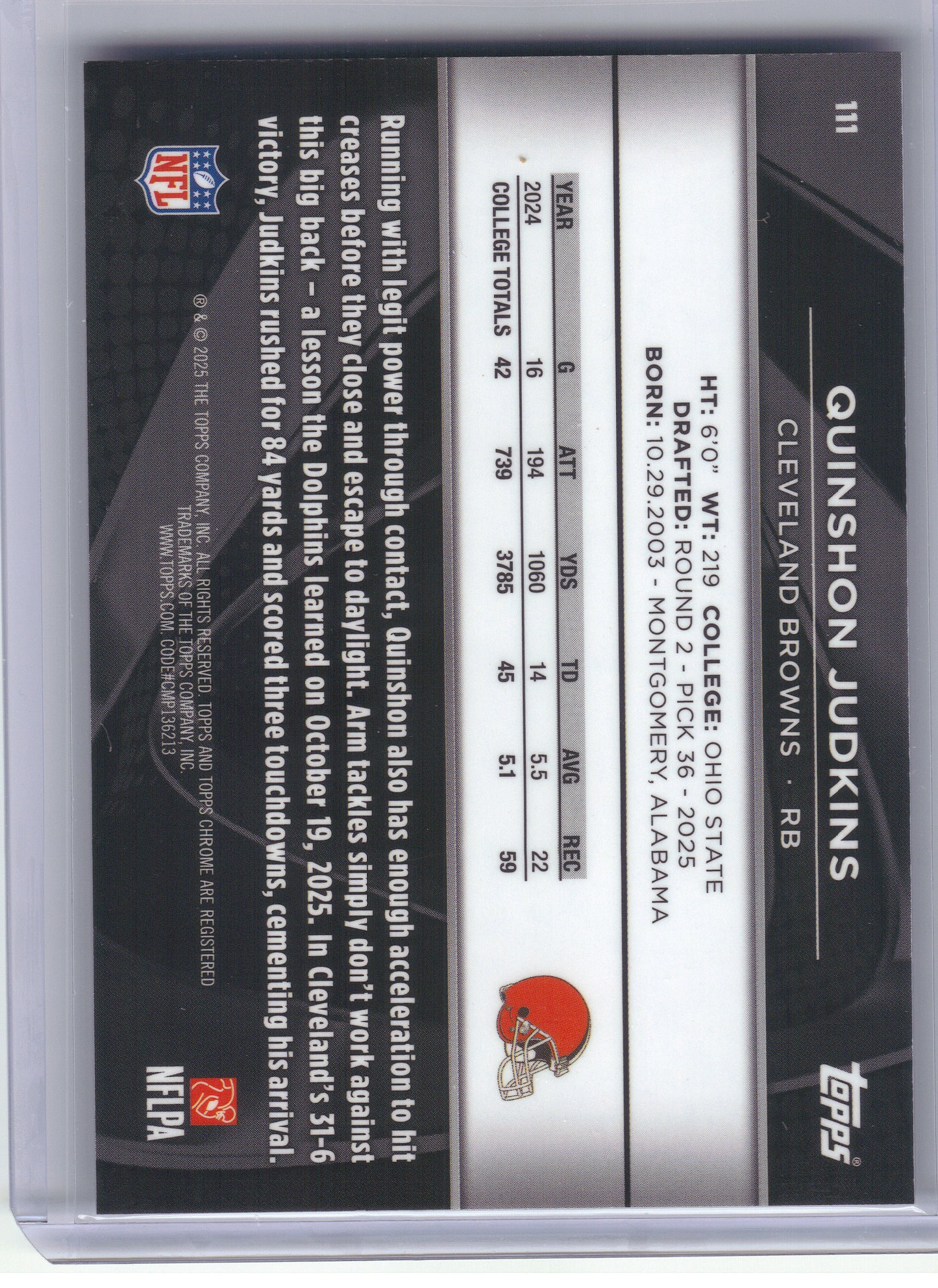 2025 Topps Chrome Black #111 Quinshon Judkins Purple Mini-Diamond Refractor #/75 Cleveland Browns SN, RC