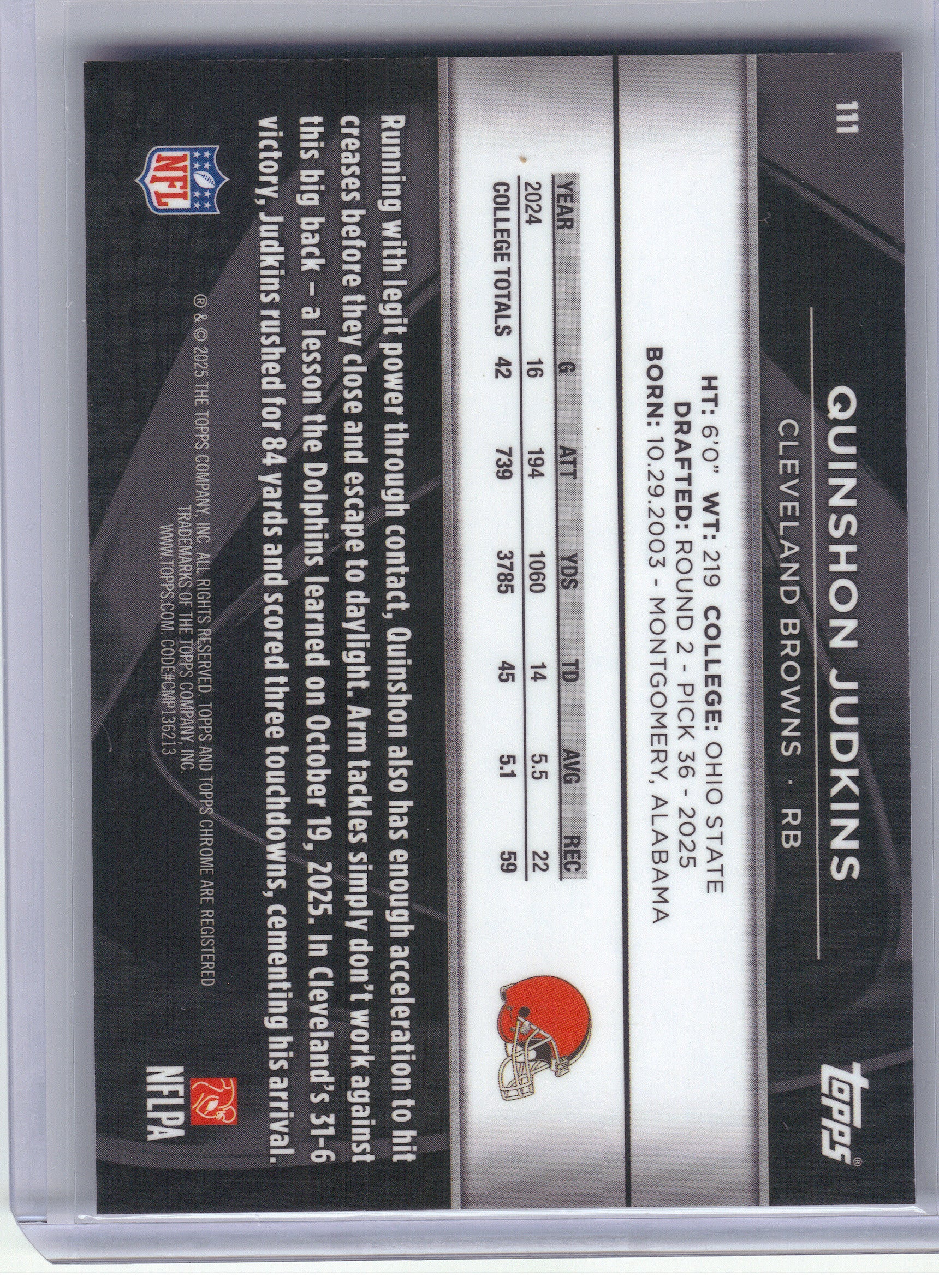 2025 Topps Chrome Black #111 Quinshon Judkins Purple Mini-Diamond Refractor #/75 Cleveland Browns SN, RC