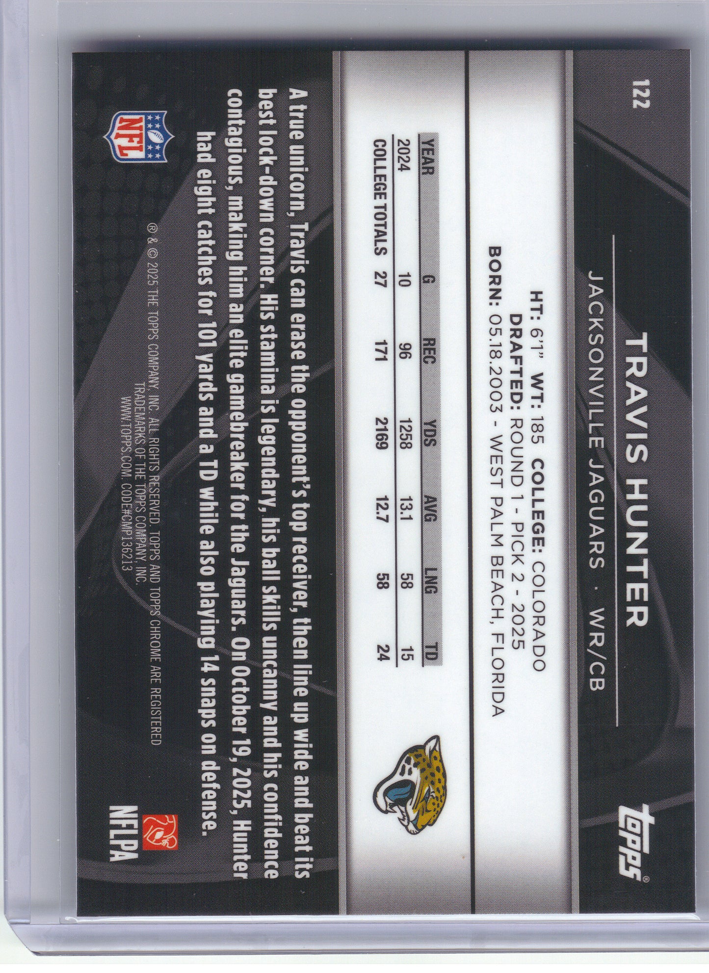 2025 Topps Chrome Black #122 Travis Hunter Jacksonville Jaguars RC