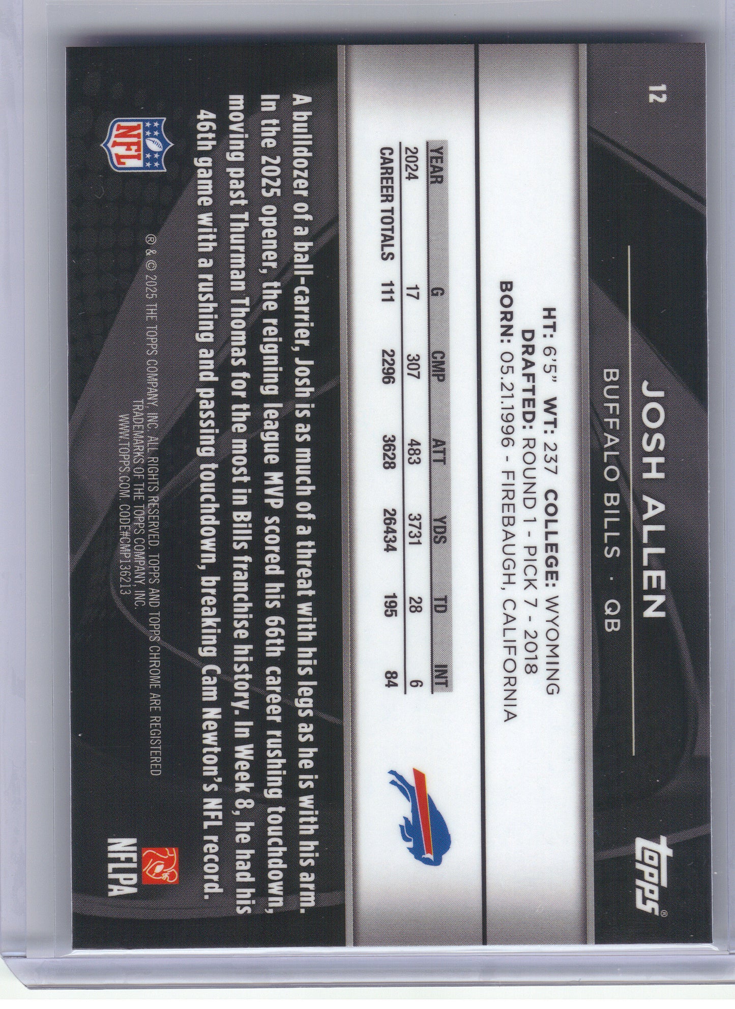 2025 Topps Chrome Black #12 Josh Allen Buffalo Bills