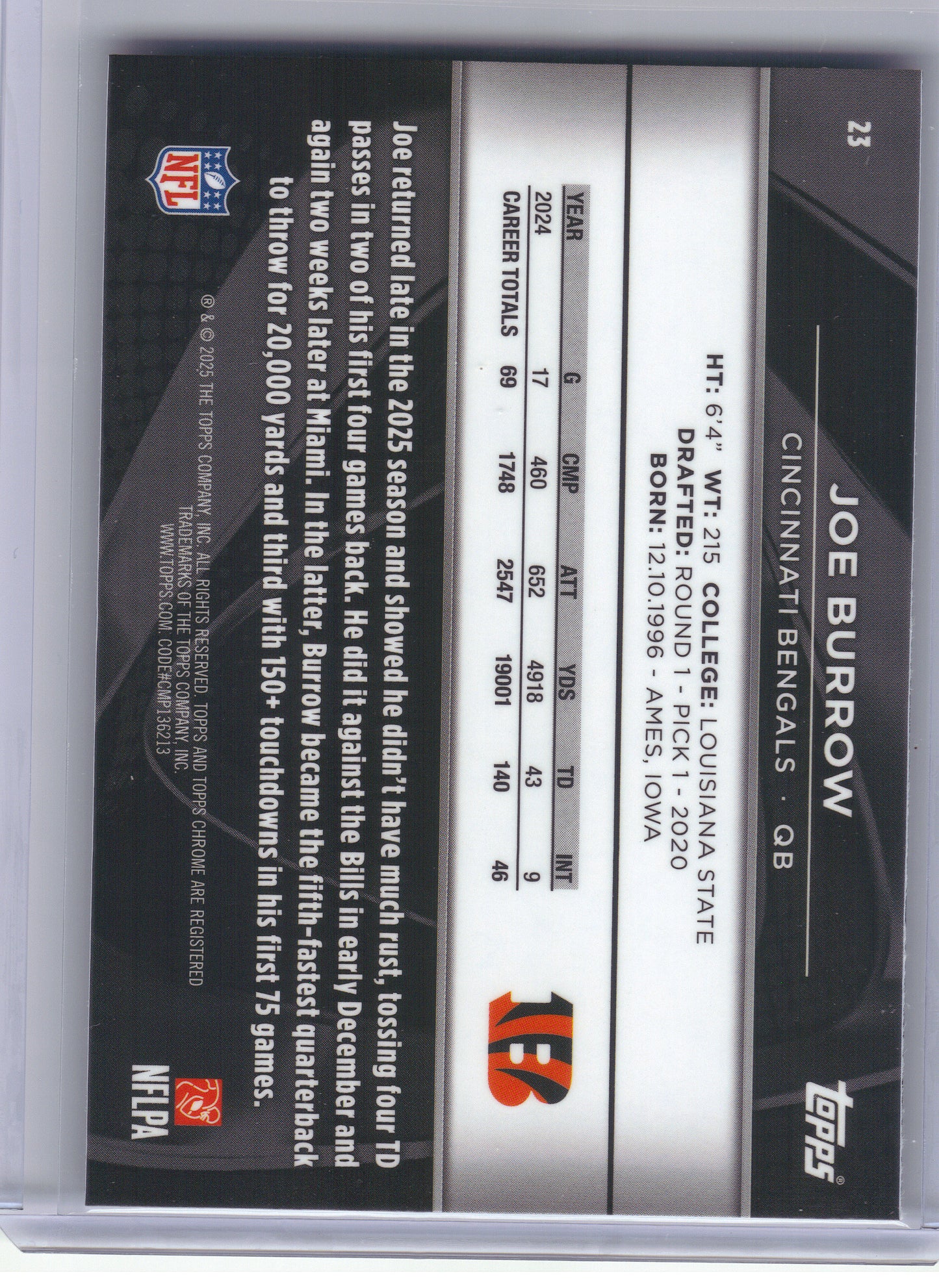 2025 Topps Chrome Black #23 Joe Burrow Cincinnati Bengals