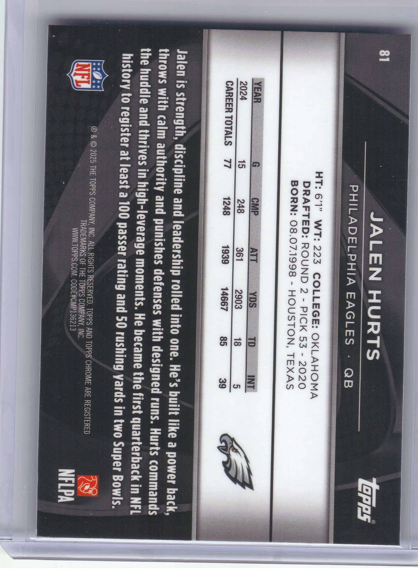 2025 Topps Chrome Black #81 Jalen Hurts Philadelphia Eagles