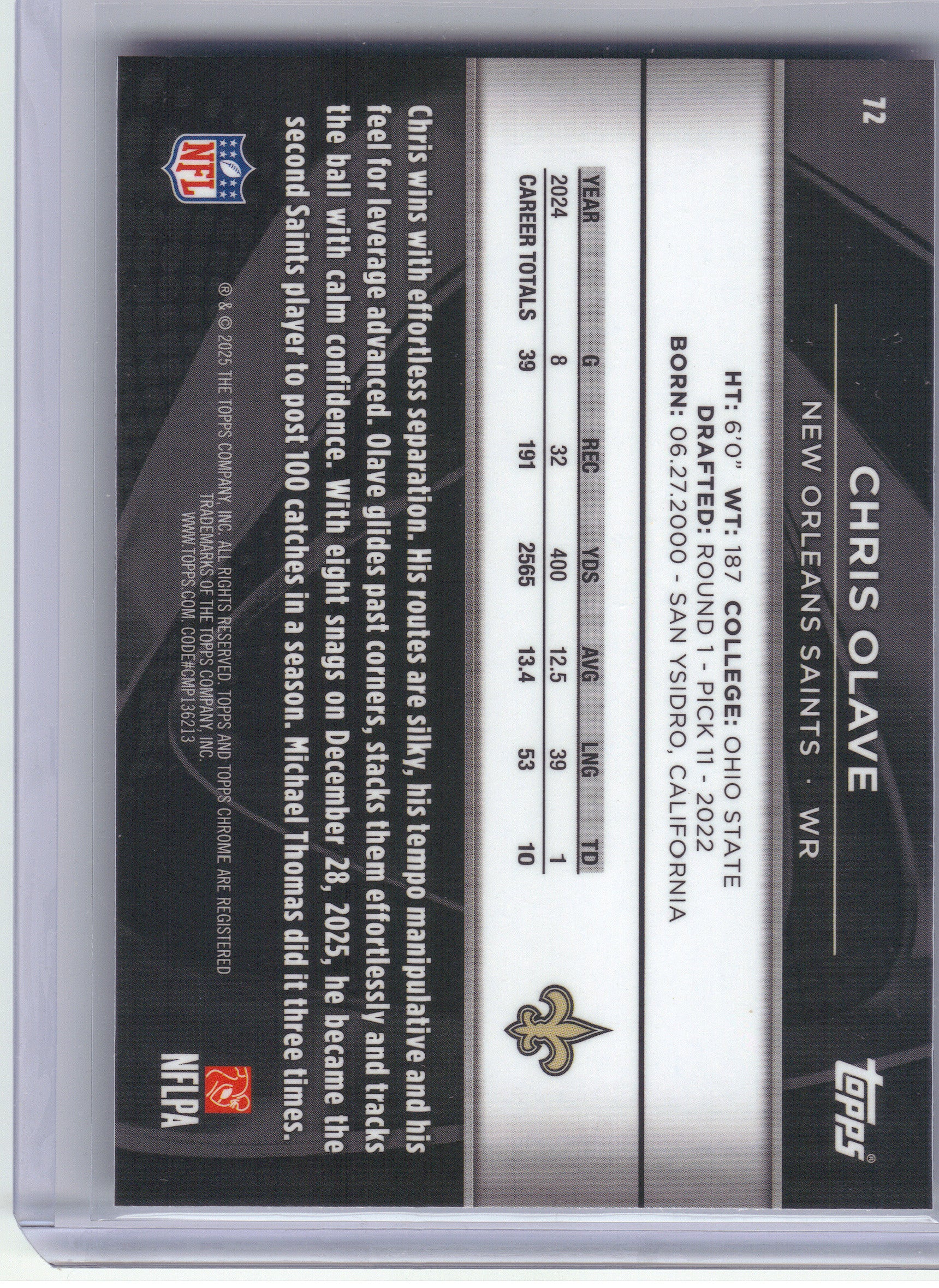 2025 Topps Chrome Black #72 Chris Olave New Orleans Saints