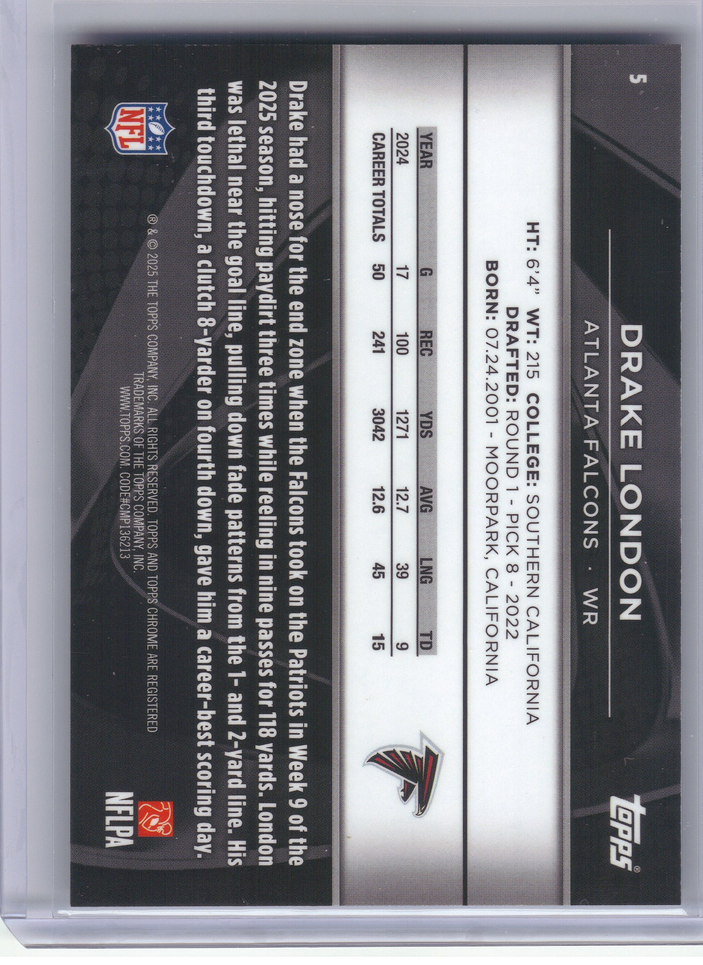 2025 Topps Chrome Black #5 Drake London Green Refractor #/99 Atlanta Falcons SN