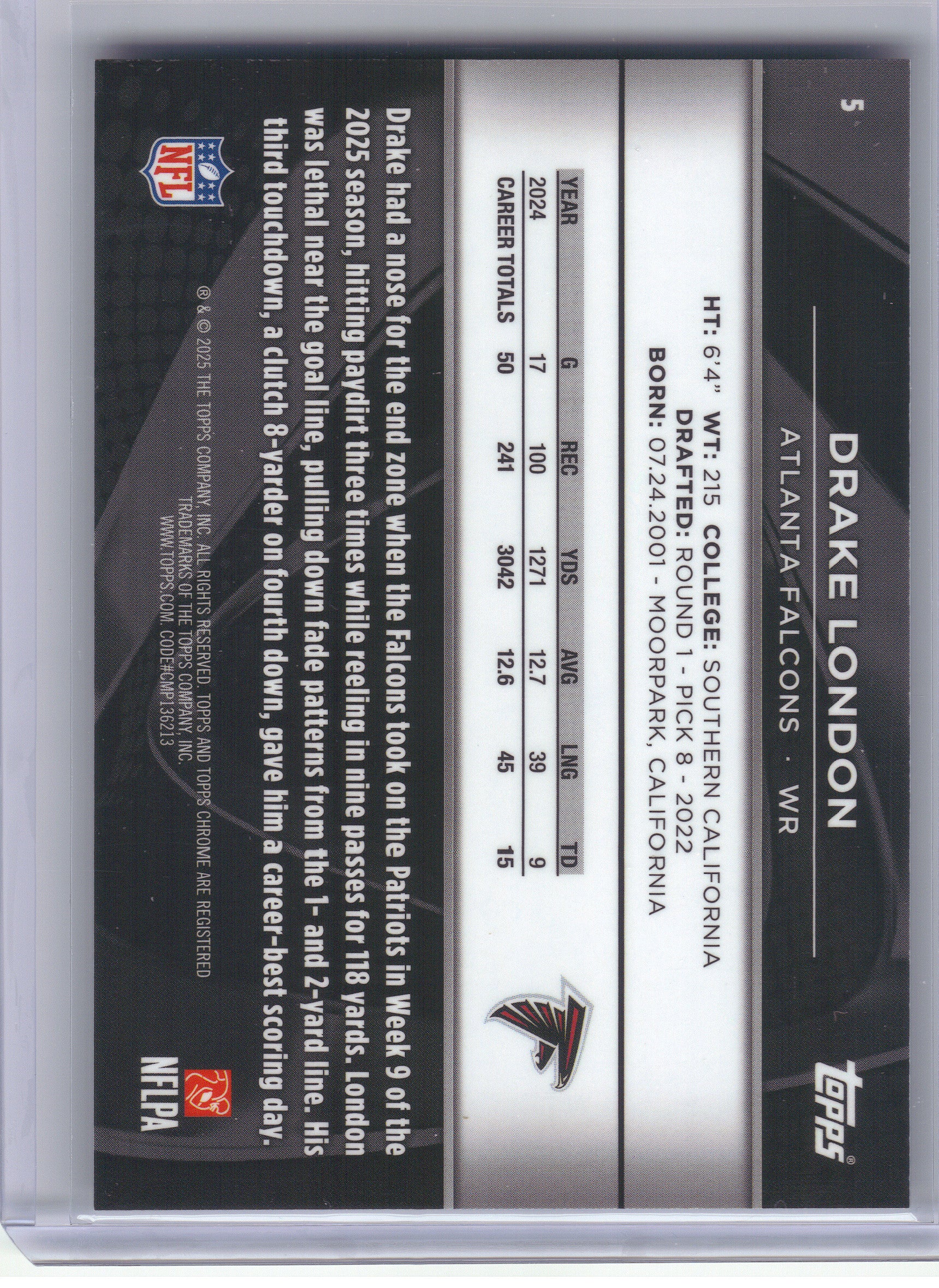 2025 Topps Chrome Black #5 Drake London Green Refractor #/99 Atlanta Falcons SN