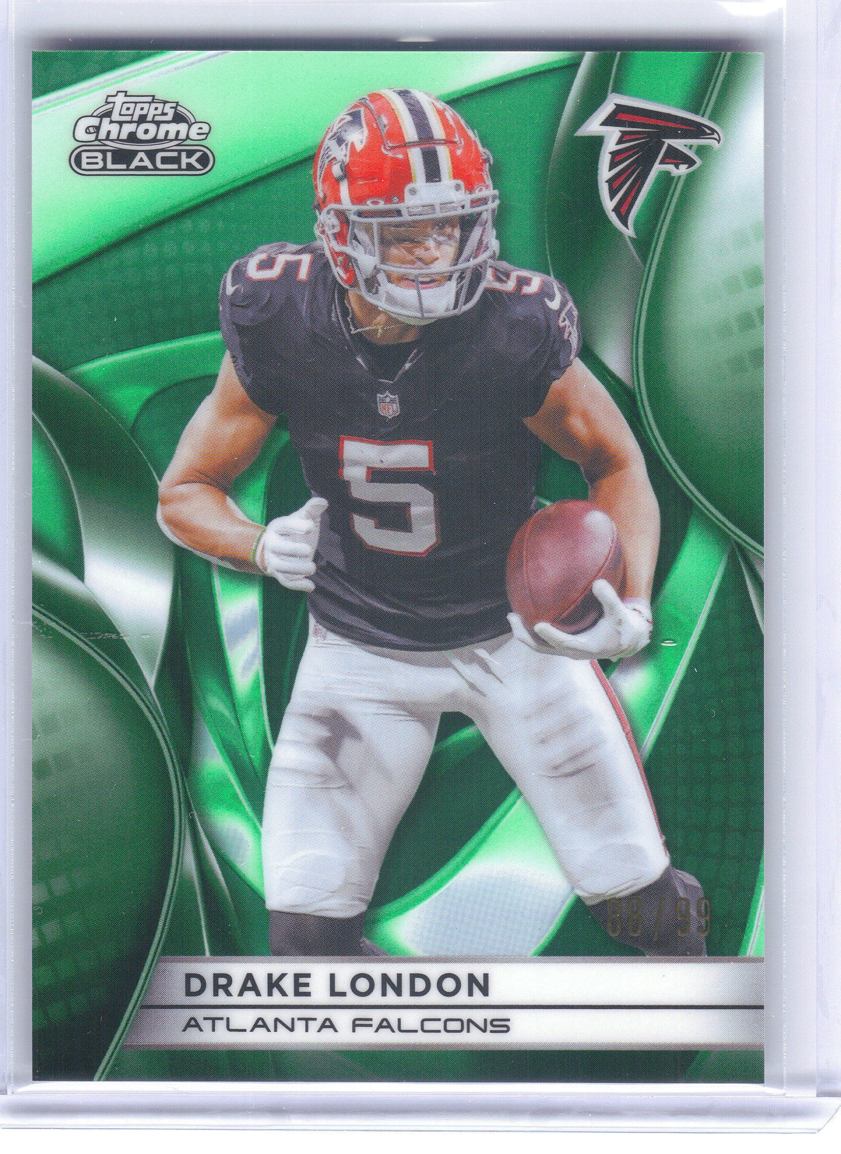 2025 Topps Chrome Black #5 Drake London Green Refractor #/99 Atlanta Falcons SN