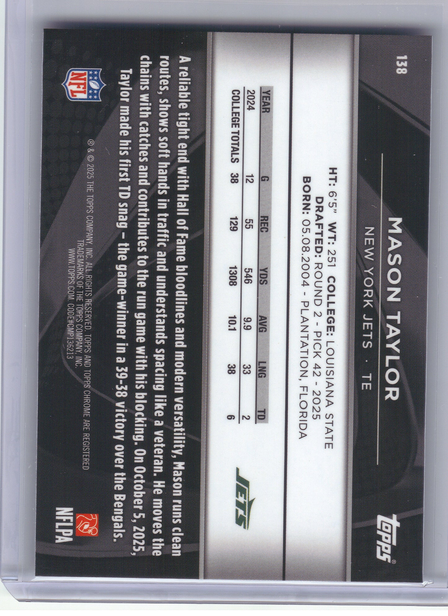 2025 Topps Chrome Black #138 Mason Taylor New York Jets RC