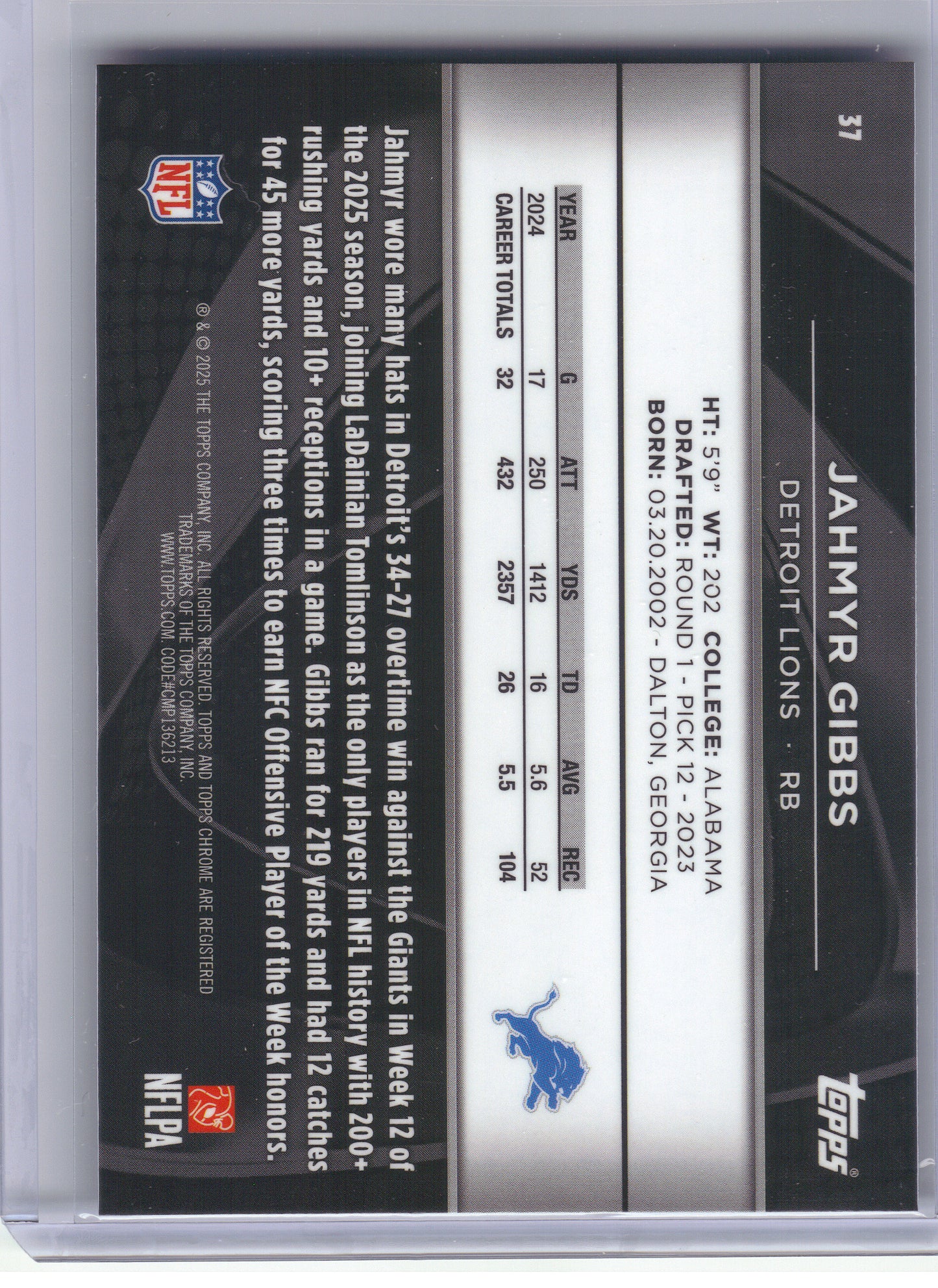 2025 Topps Chrome Black #37 Jahmyr Gibbs Detroit Lions
