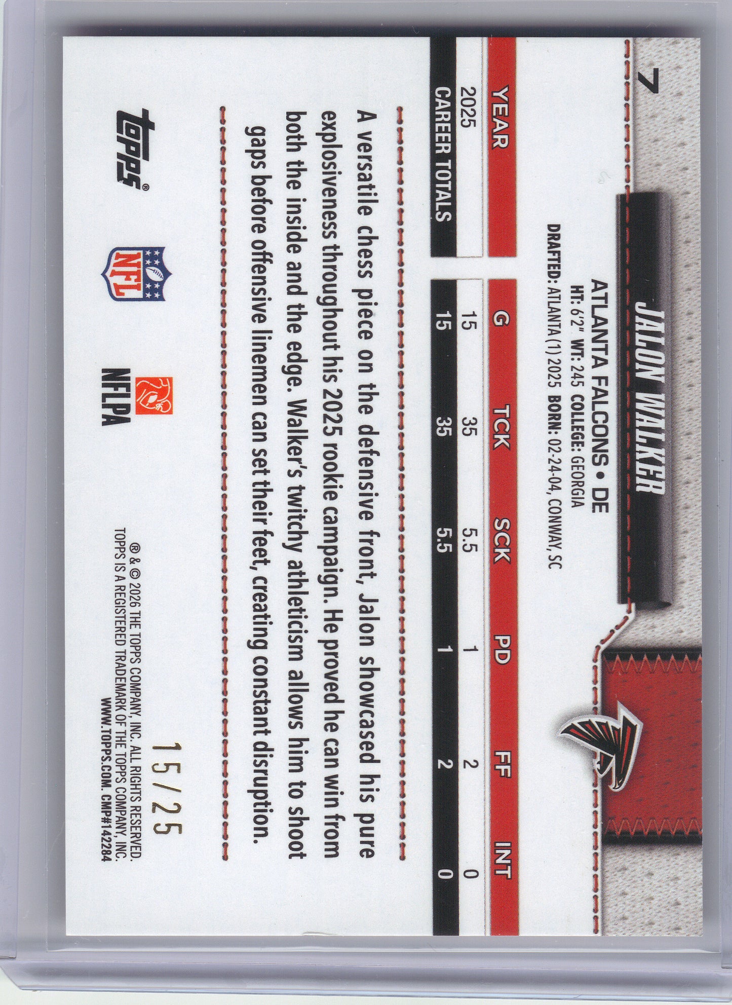 2026 Topps Flagship #7 Jalon Walker True Orange /25 Atlanta Falcons MEM