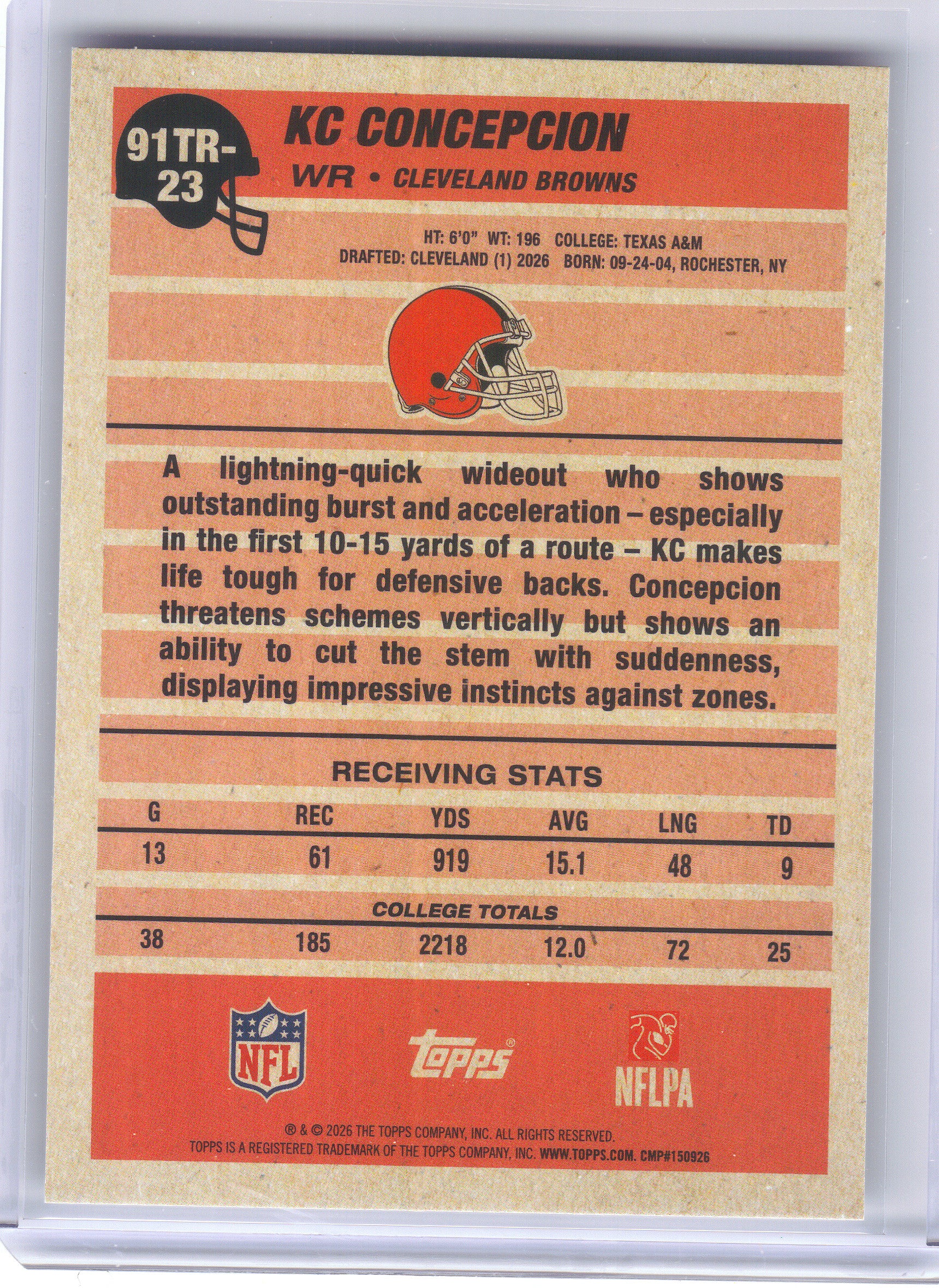 2026 Topps Flagship #91TR-23 KC Concepcion 1991 Topps Flagship Football Rookies Cleveland Browns