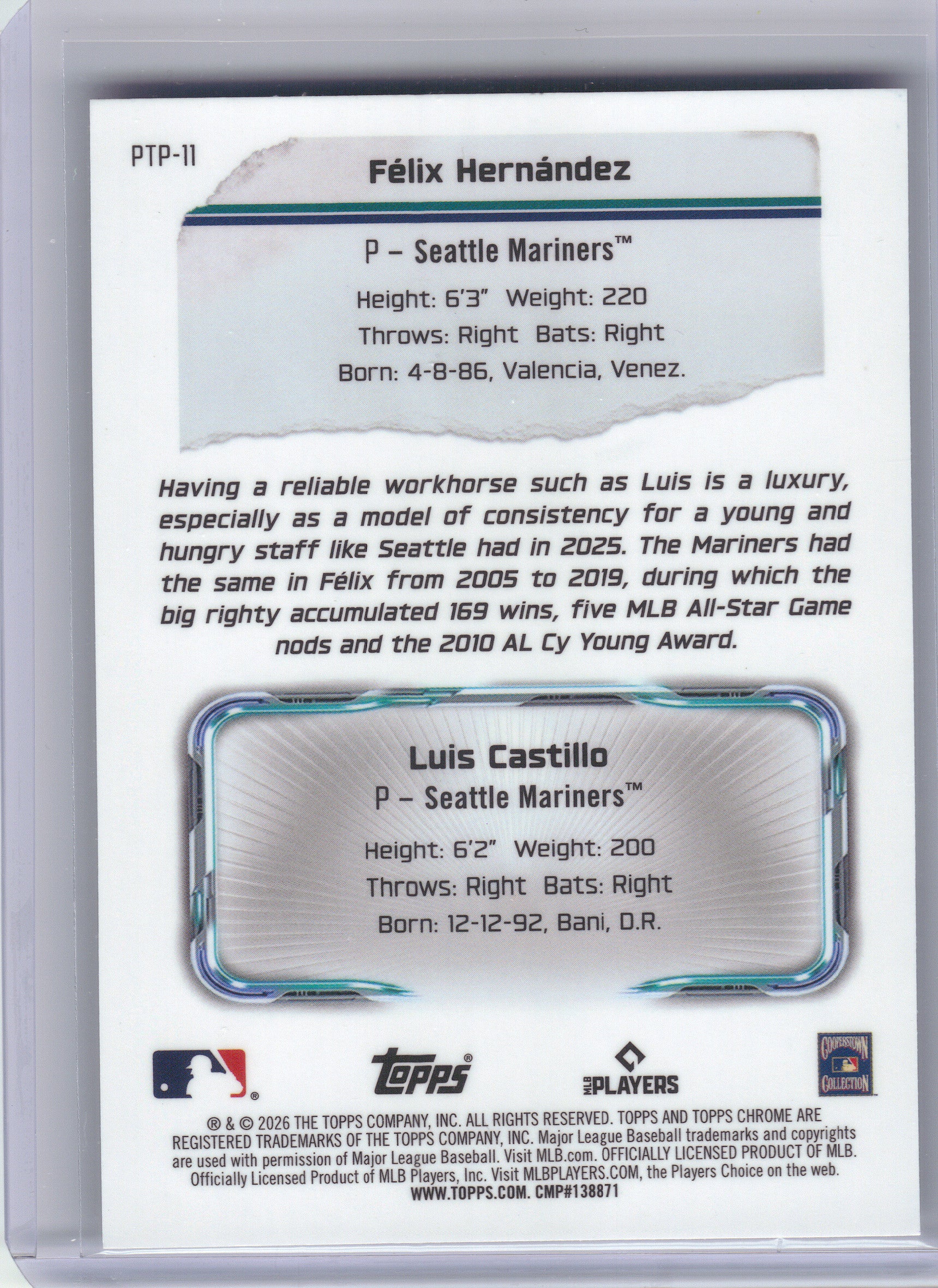 2026 Topps Chrome #PTP-11 Félix Hernández/ Luis Castillo Past to Present Seattle Mariners