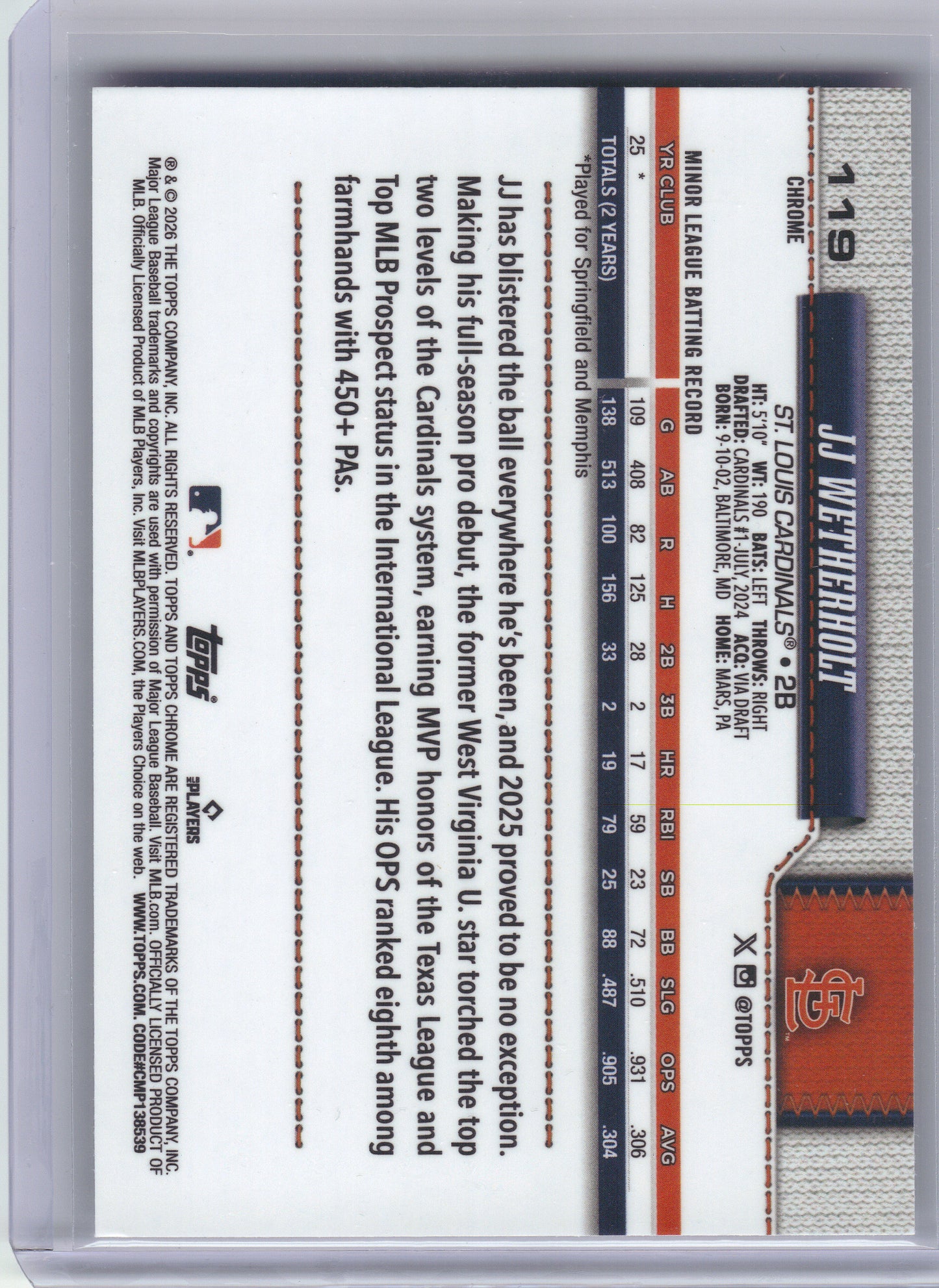2026 Topps Chrome #119 JJ Wetherholt X-Fractors St. Louis Cardinals RC
