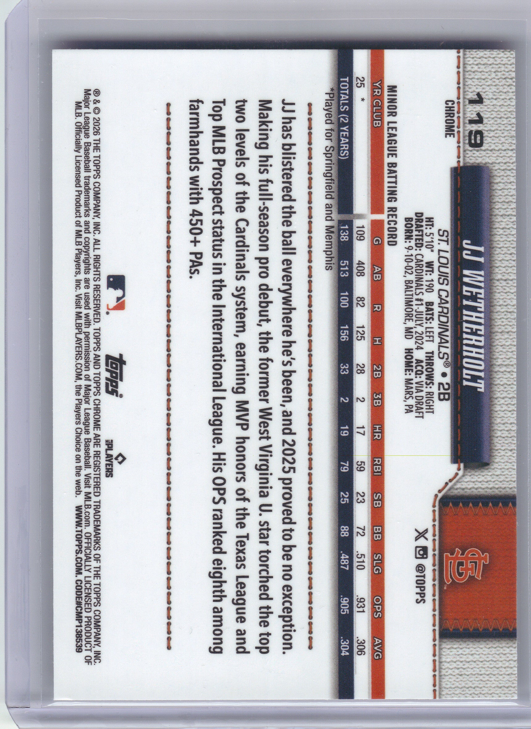 2026 Topps Chrome #119 JJ Wetherholt X-Fractors St. Louis Cardinals RC