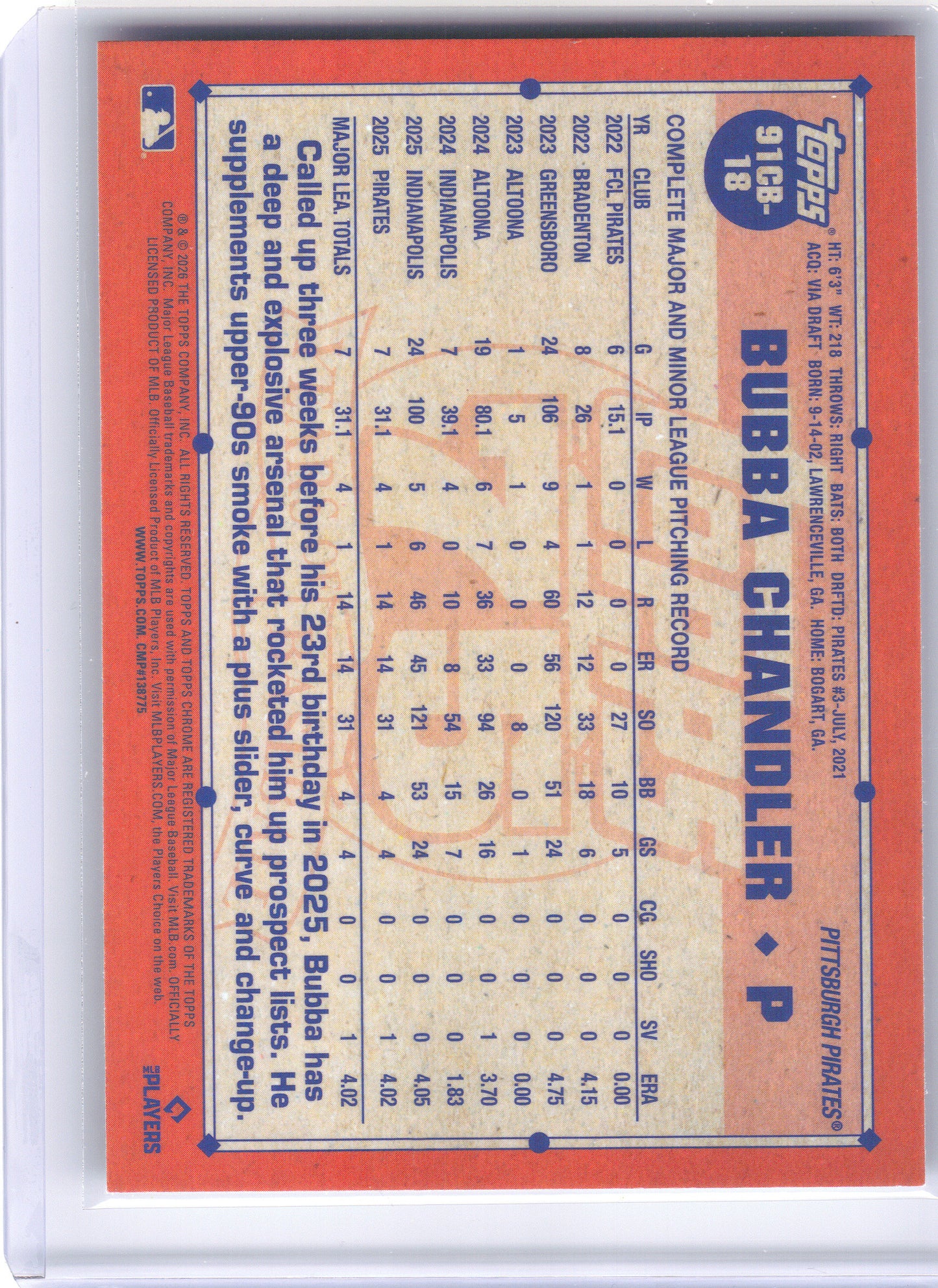 2026 Topps Chrome #91CB-18 Bubba Chandler 1991 Topps Baseball 35th Anniversary Pittsburgh Pirates
