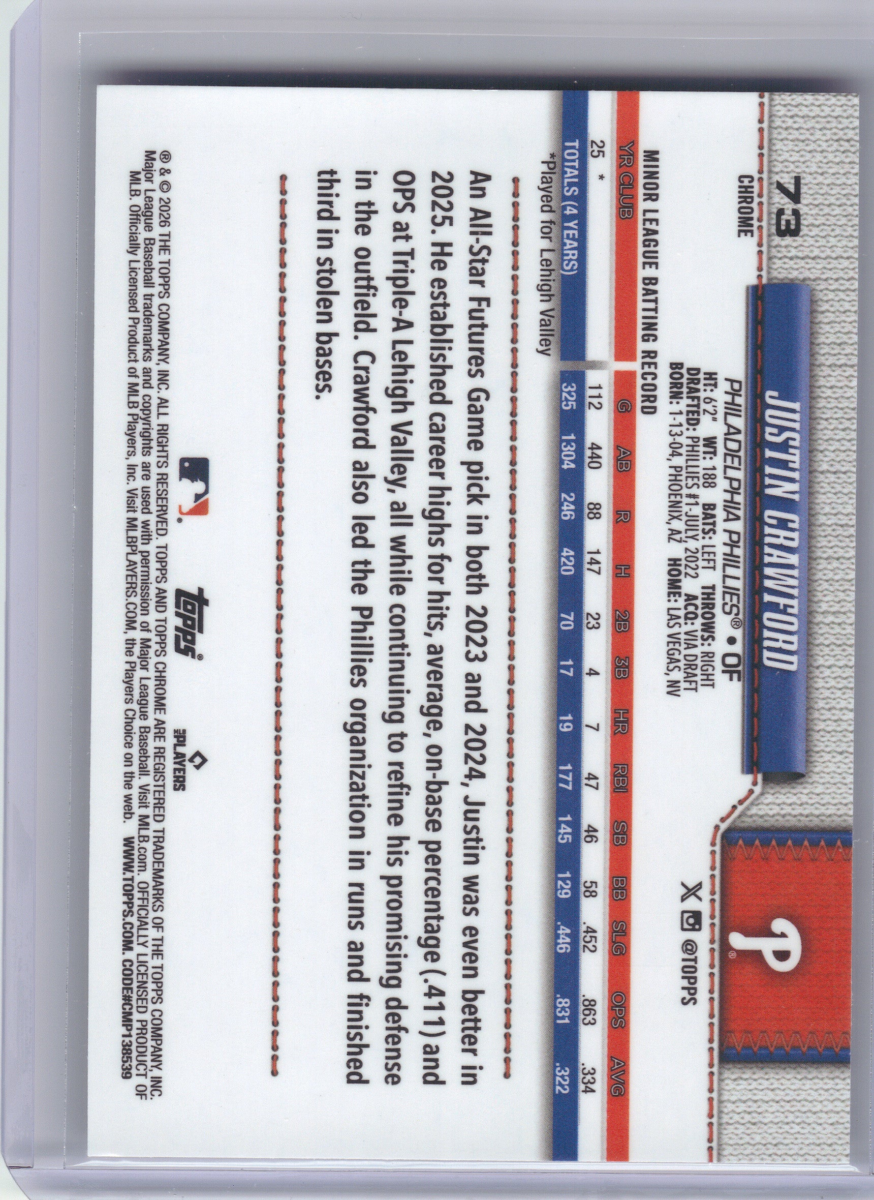 2026 Topps Chrome #73 Justin Crawford X-Fractors Philadelphia Phillies RC