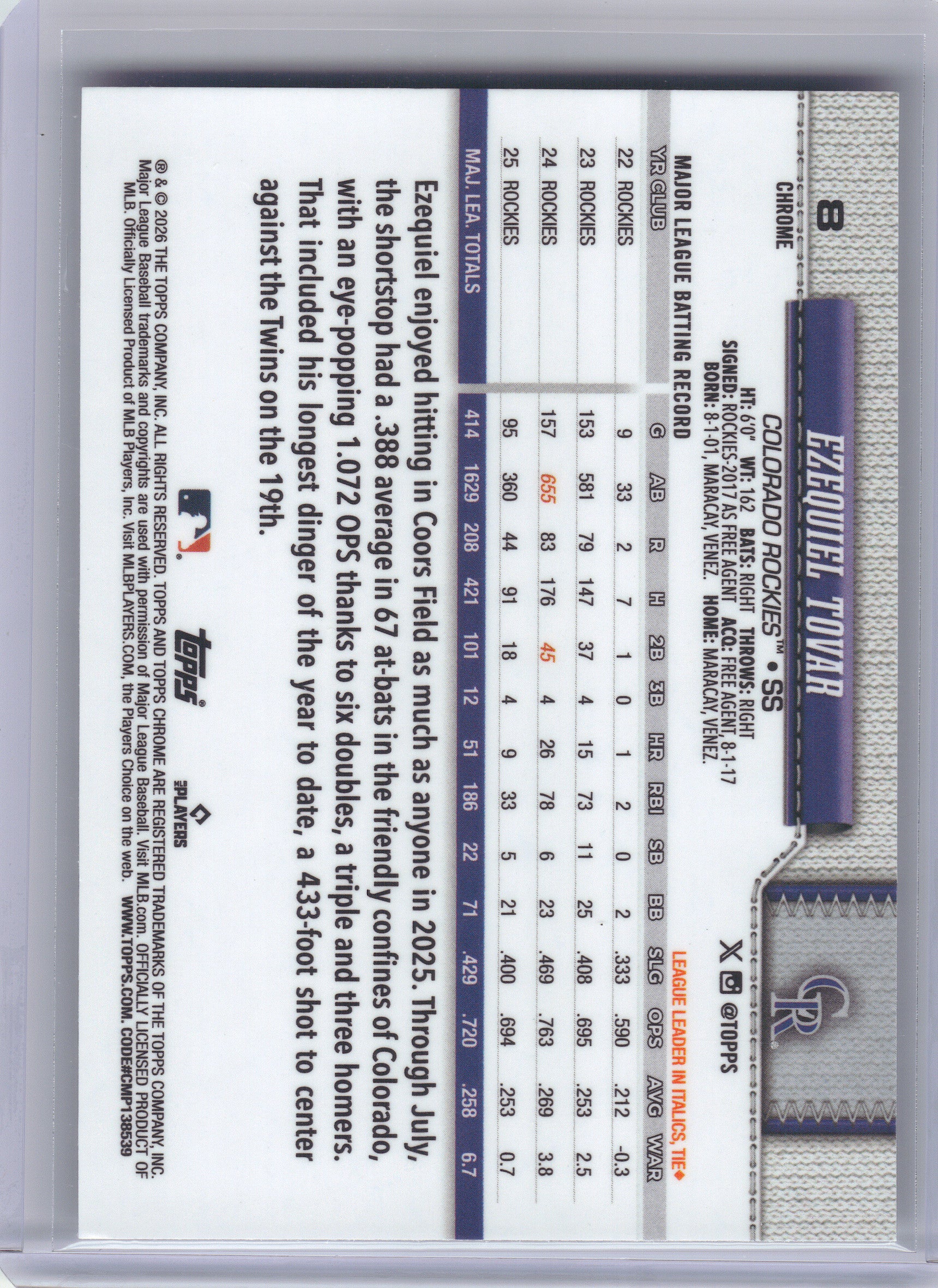 2026 Topps Chrome #8 Ezequiel Tovar X-Fractors Colorado Rockies