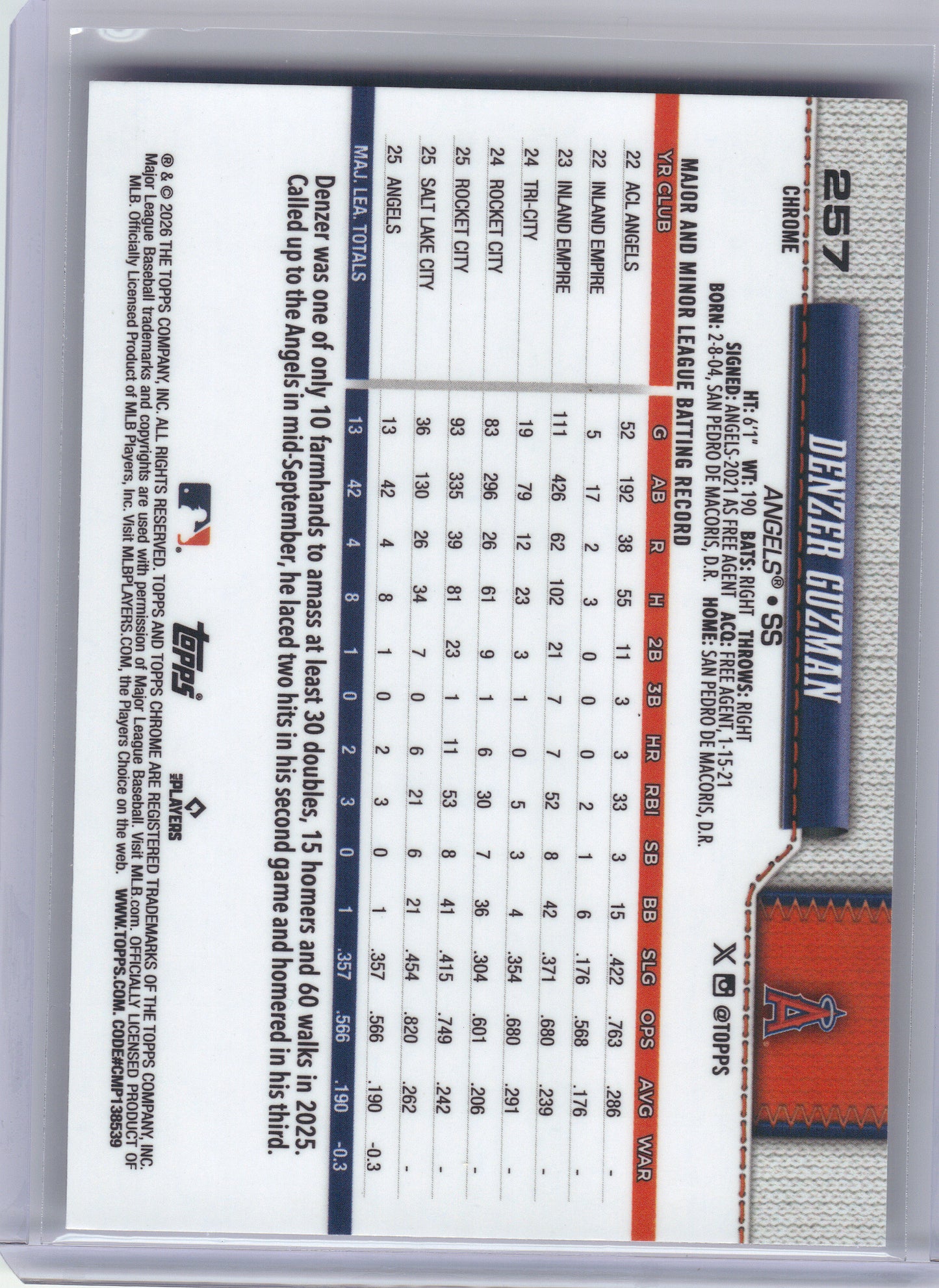 2026 Topps Chrome #257 Denzer Guzman X-Fractors Los Angeles Angels RC
