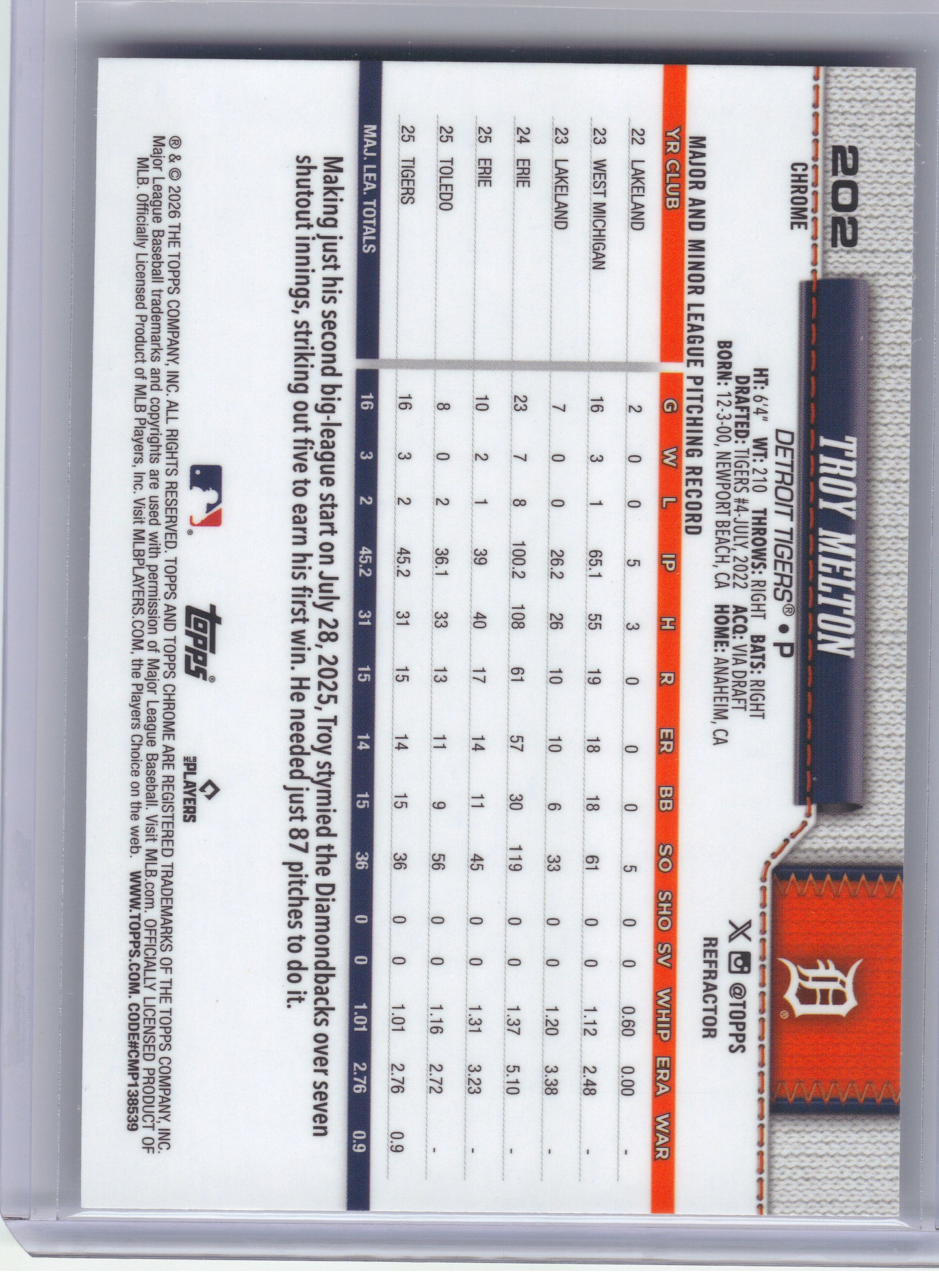 2026 Topps Chrome #202 Troy Melton Refractors Detroit Tigers RC