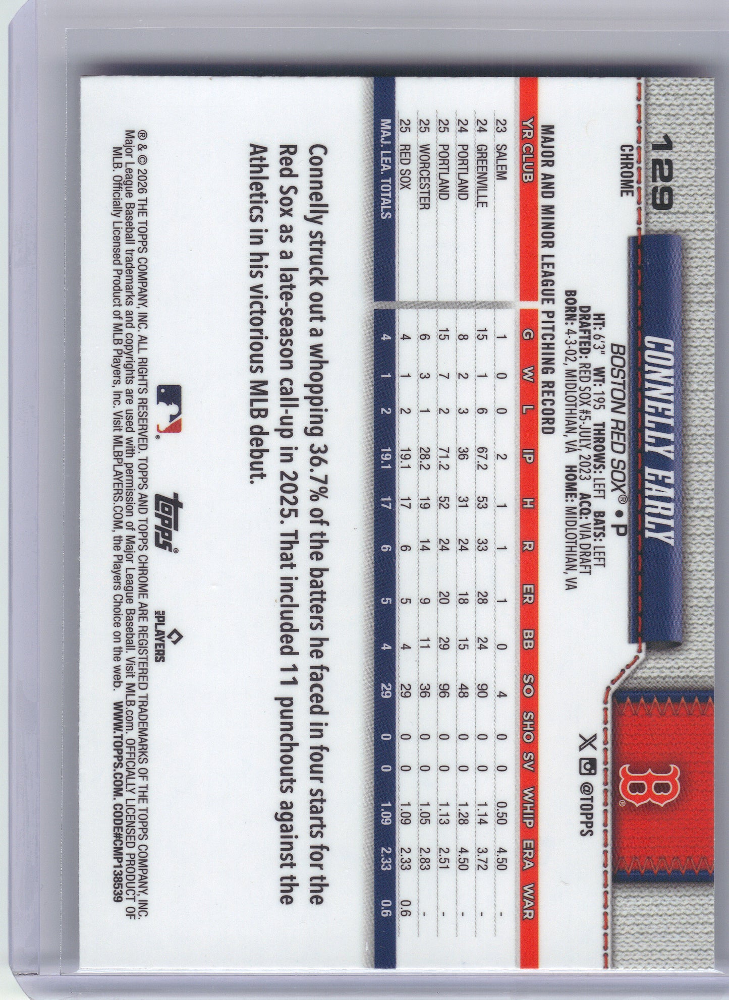 2026 Topps Chrome #129 Connelly Early Boston Red Sox RC