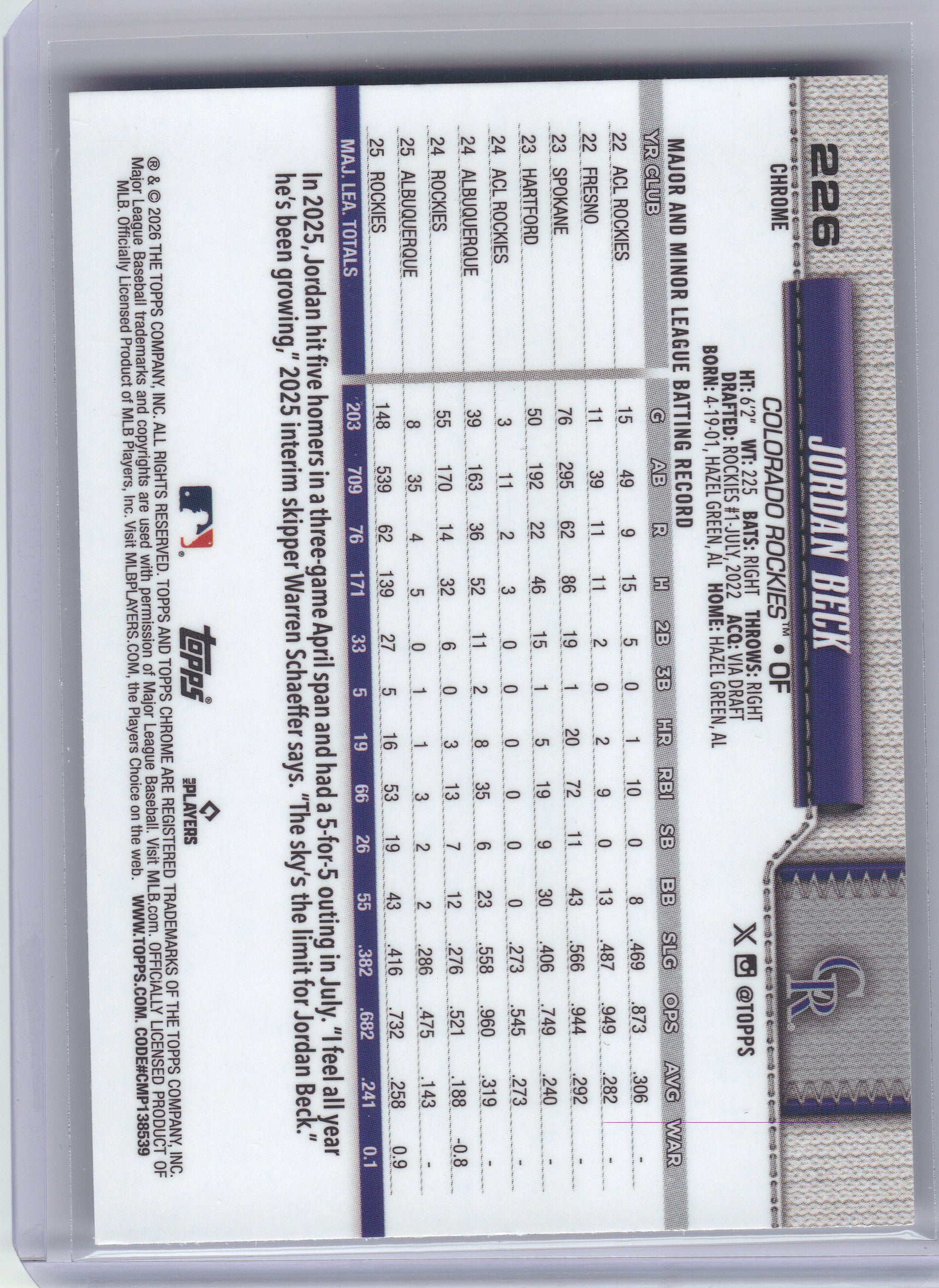 2026 Topps Chrome #226 Jordan Beck X-Fractors Colorado Rockies