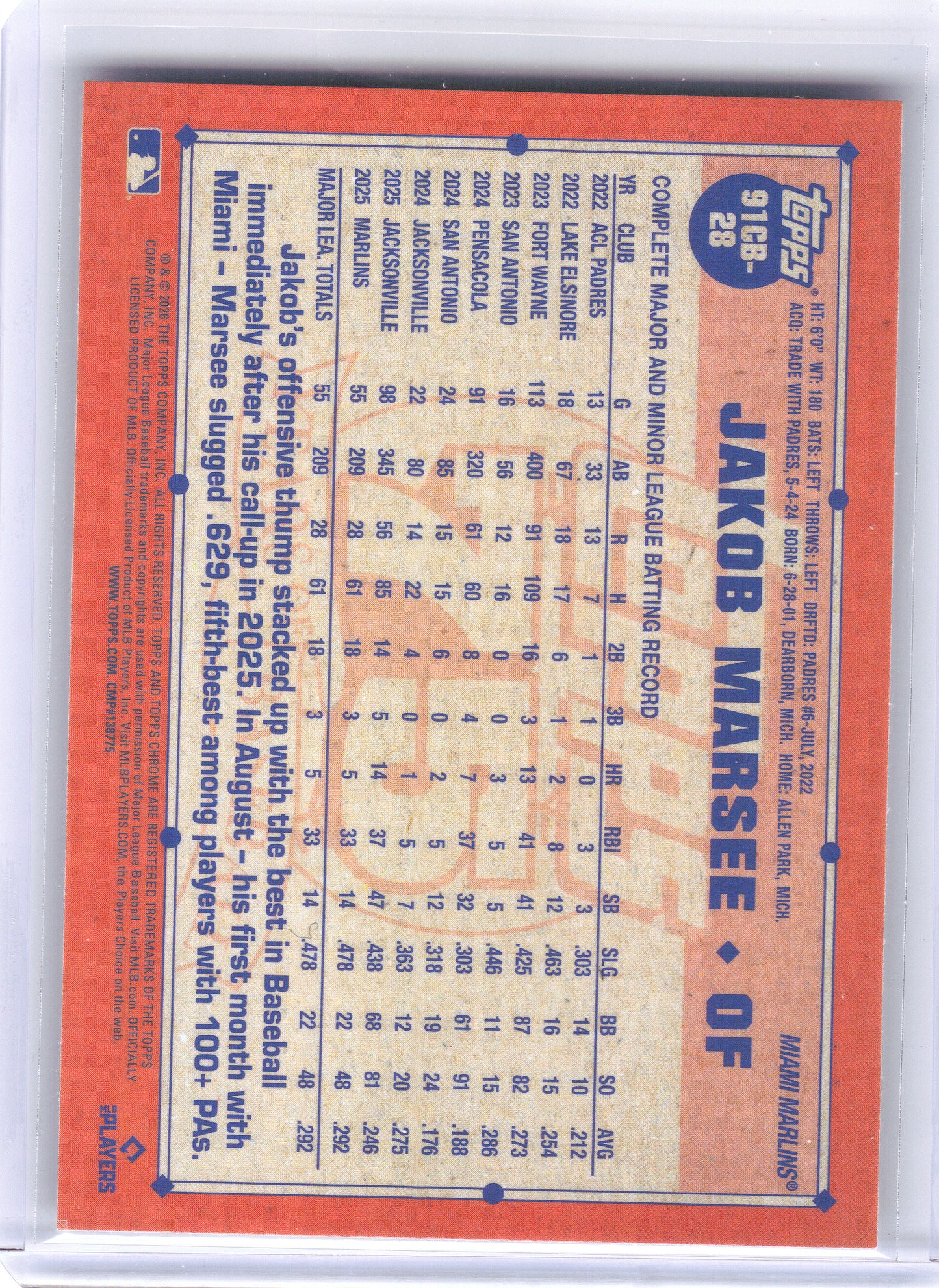 2026 Topps Chrome #91CB-28 Jakob Marsee 1991 Topps Baseball 35th Anniversary Miami Marlins