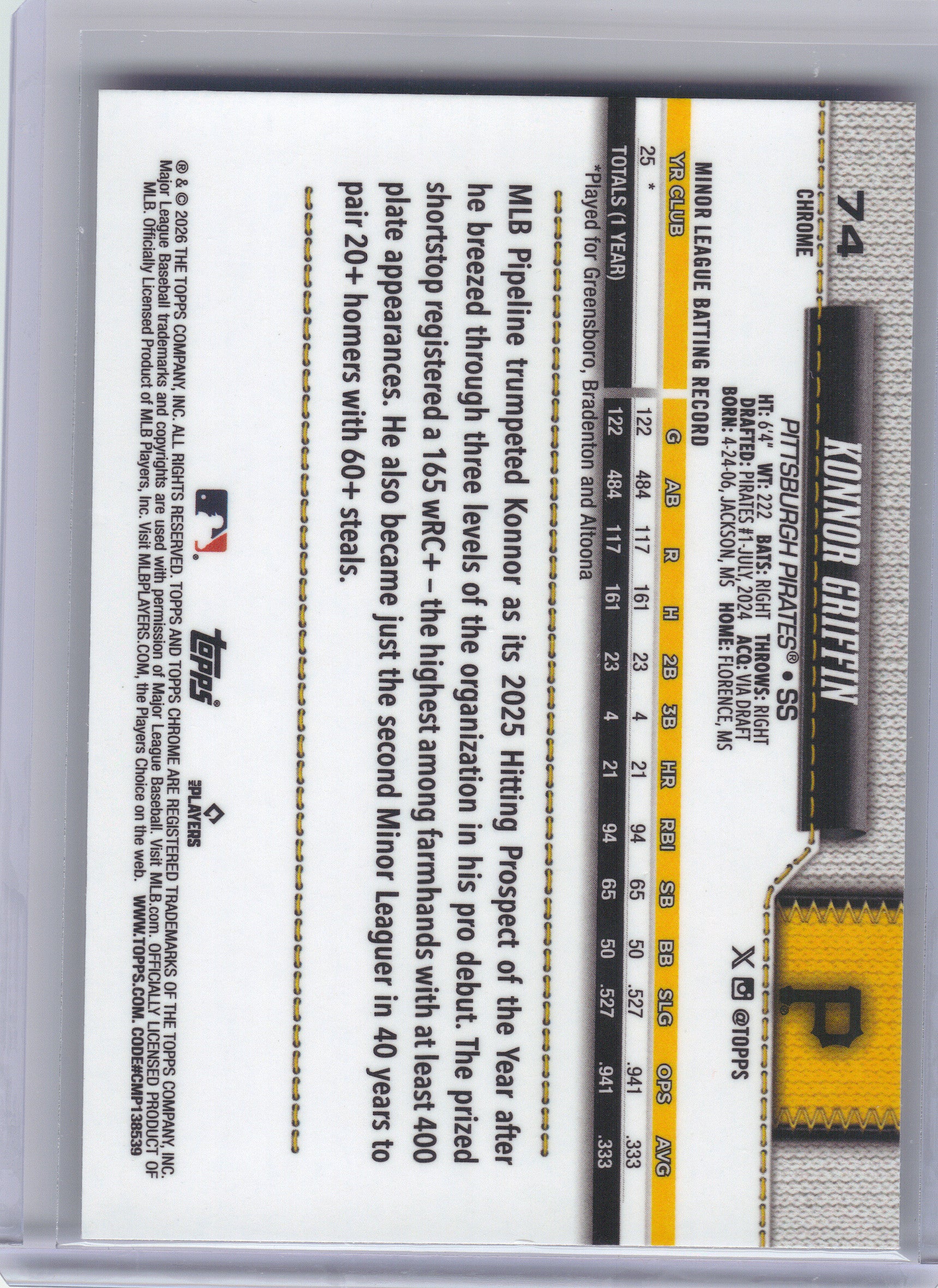 2026 Topps Chrome #74 Konnor Griffin Pittsburgh Pirates RC