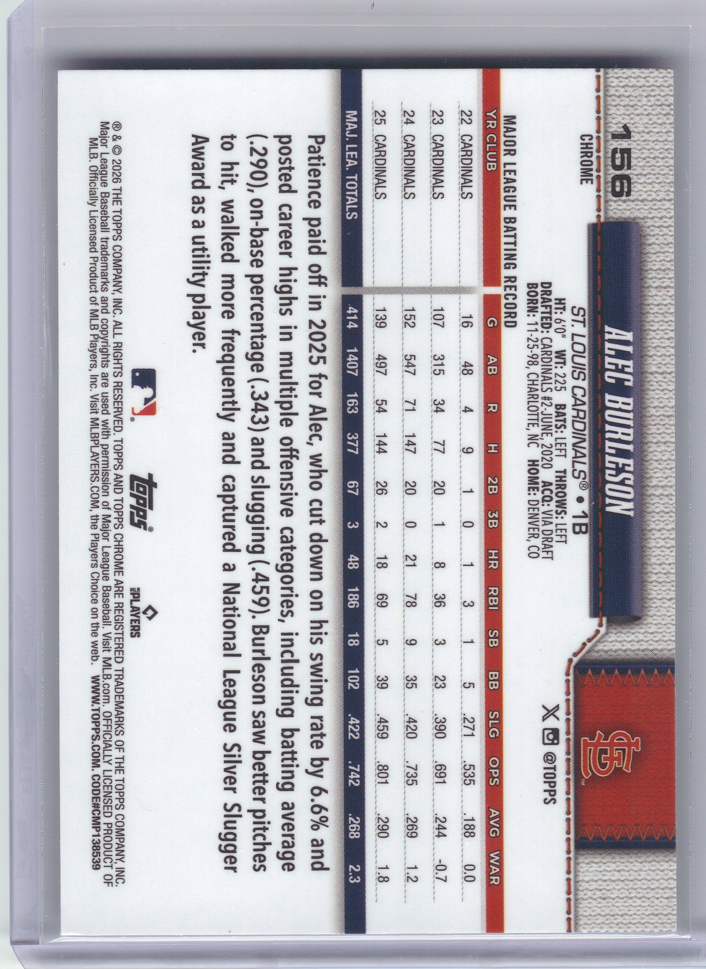 2026 Topps Chrome #156 Alec Burleson X-Fractors St. Louis Cardinals