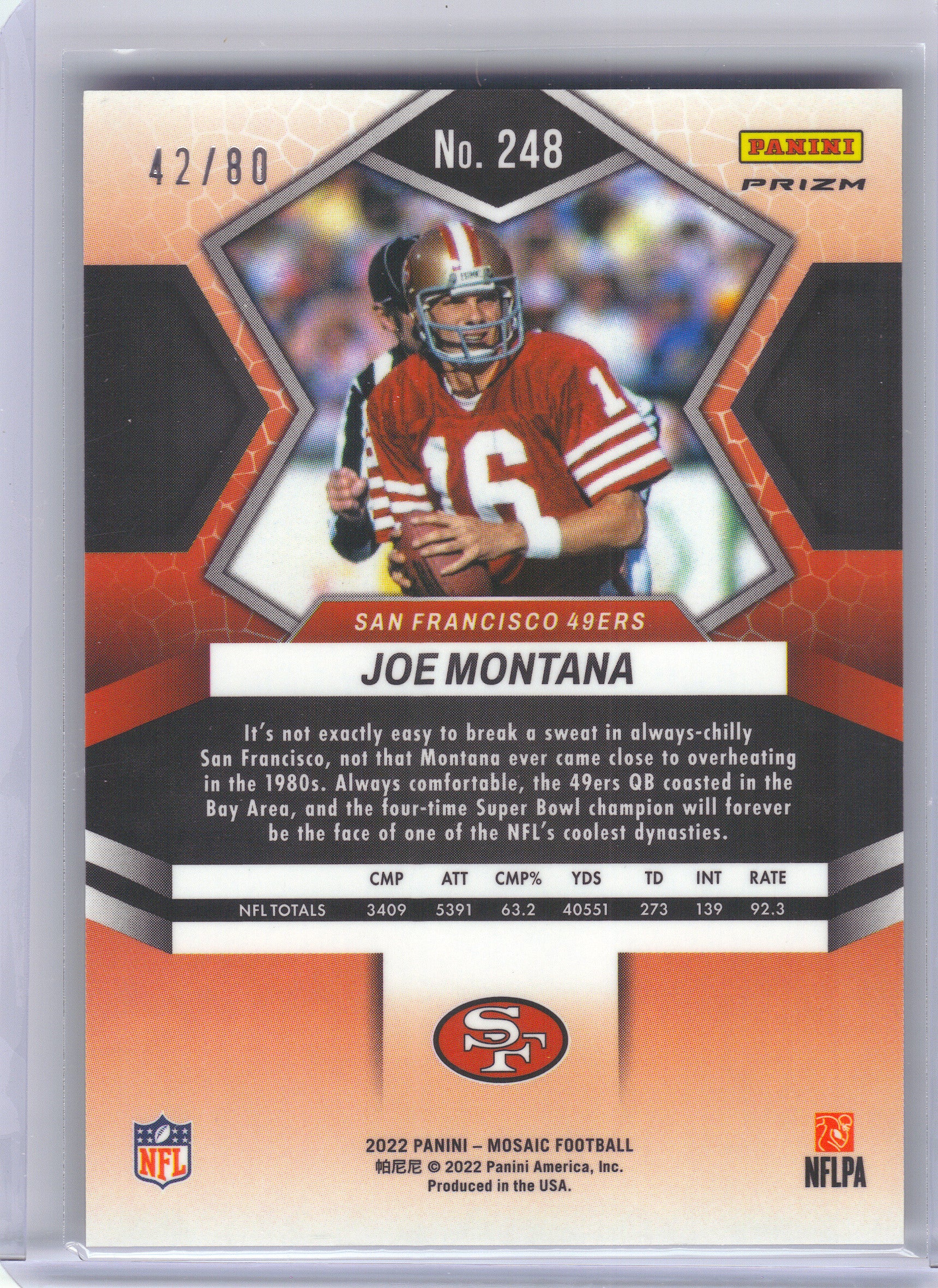 2022 Panini Mosaic #248 Joe Montana Mosaic Choice Fusion Red and Yellow #/80 San Francisco 49ers SN