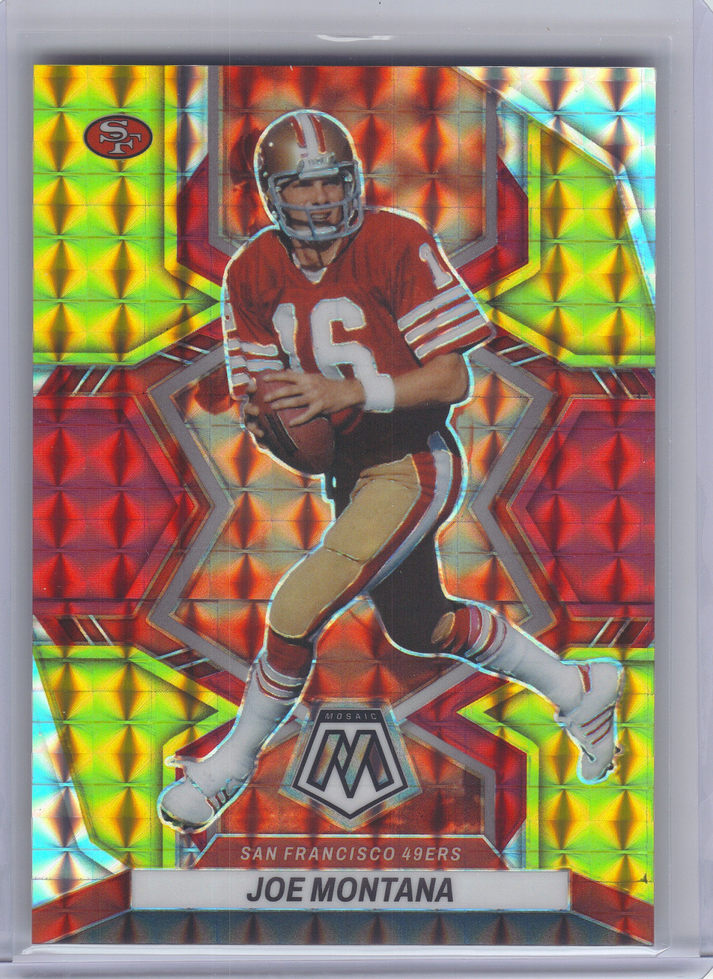 2022 Panini Mosaic #248 Joe Montana Mosaic Choice Fusion Red and Yellow #/80 San Francisco 49ers SN
