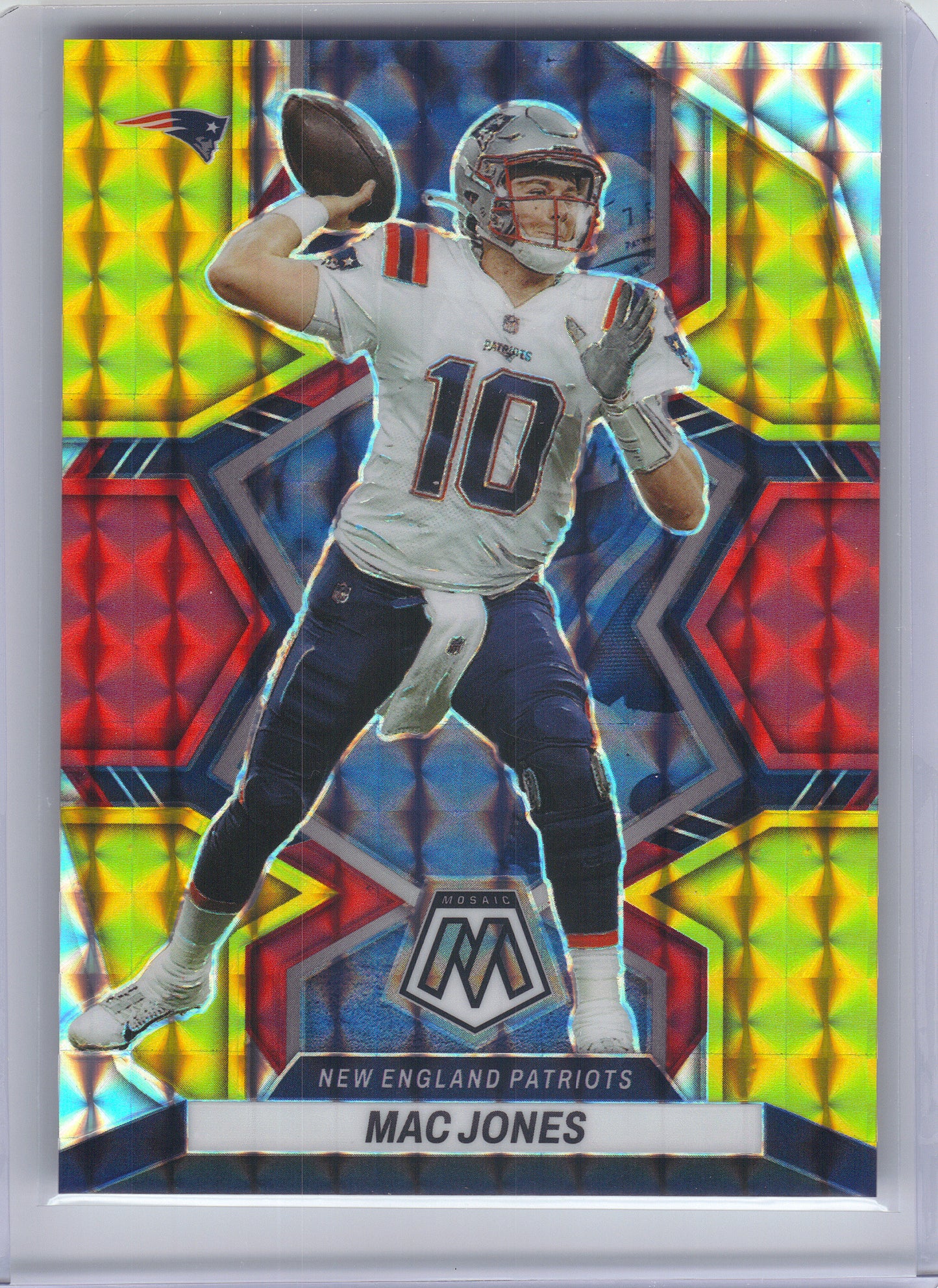 2022 Panini Mosaic #133 Mac Jones Mosaic Choice Fusion Red and Yellow #/80 New England Patriots SN