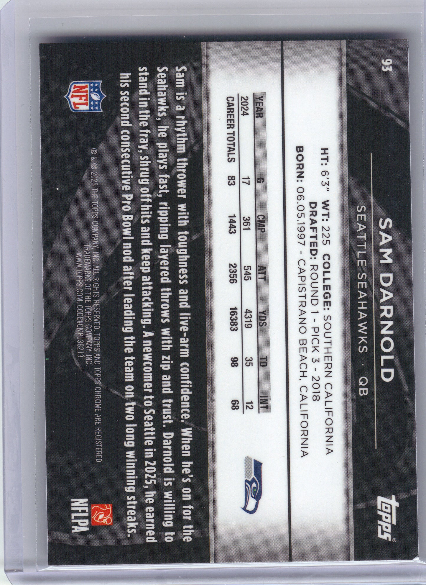 2025 Topps Chrome Black #93 Sam Darnold Seattle Seahawks
