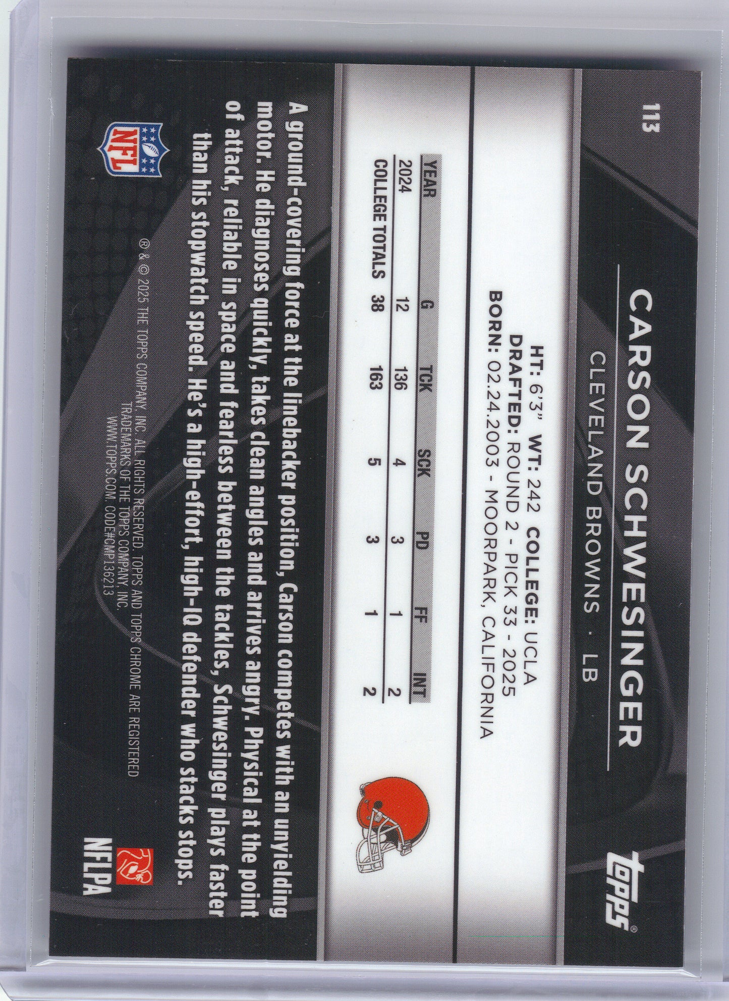 2025 Topps Chrome Black #113 Carson Schwesinger Gold Mini-Diamond Refractor #/50 Cleveland Browns SN, RC