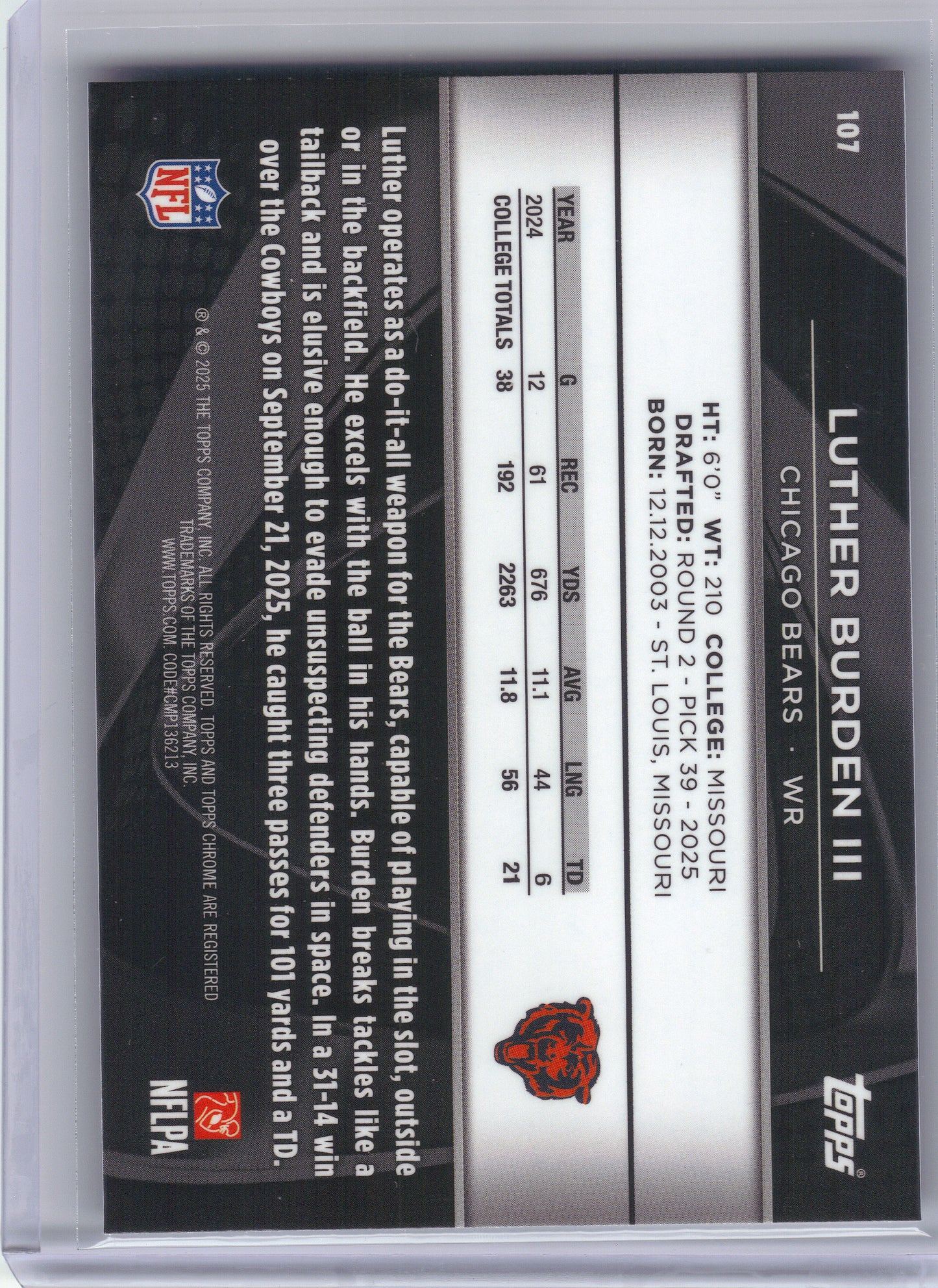 2025 Topps Chrome Black #107 Luther Burden III Chicago Bears RC