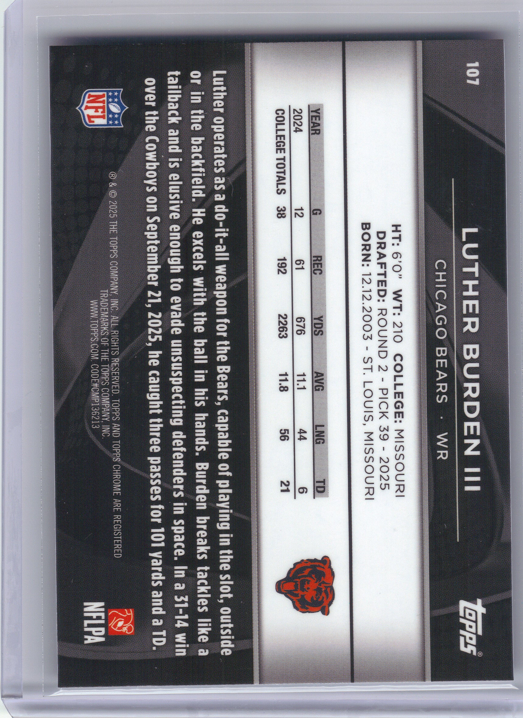 2025 Topps Chrome Black #107 Luther Burden III Chicago Bears RC