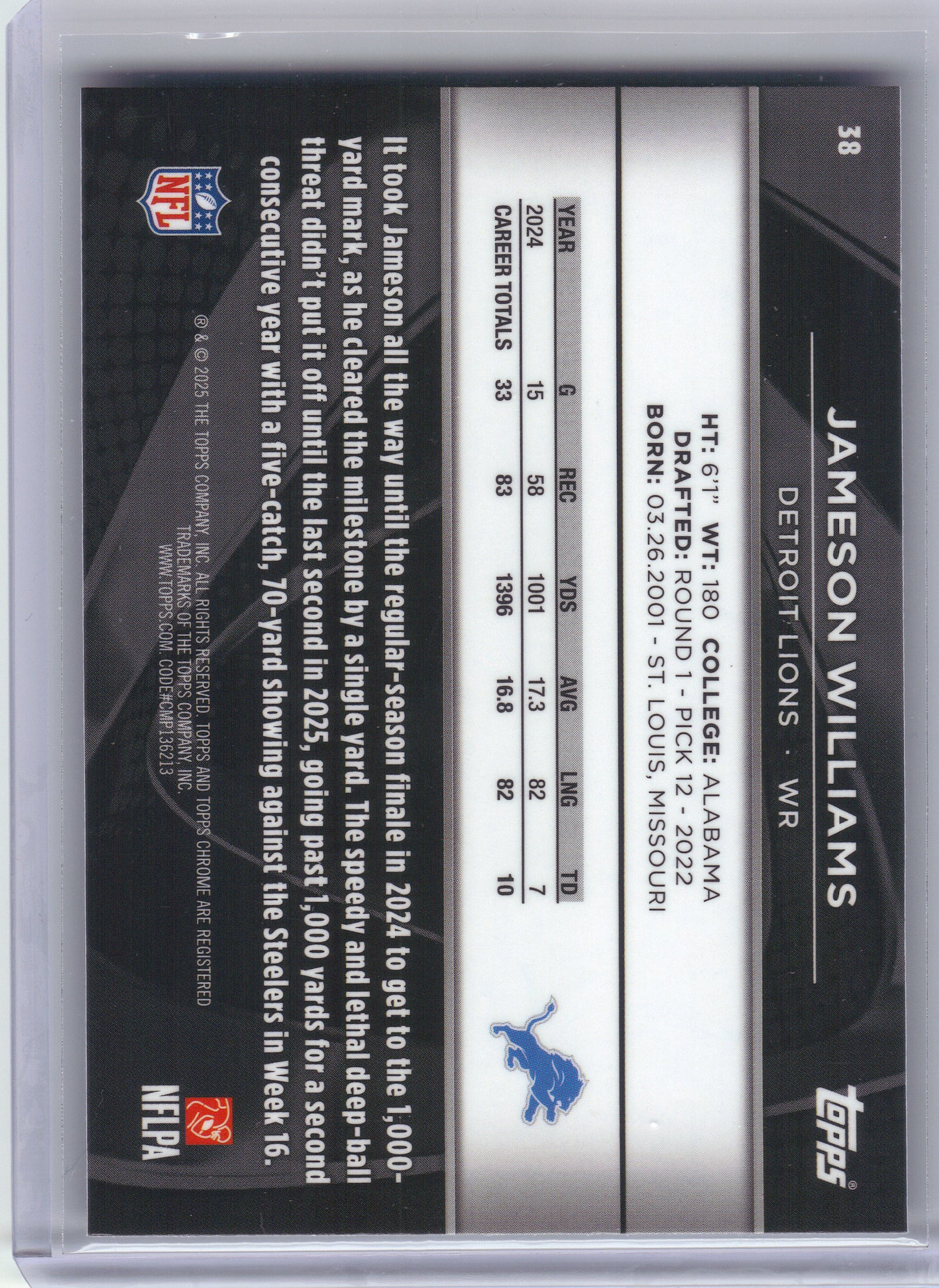 2025 Topps Chrome Black #38 Jameson Williams Detroit Lions