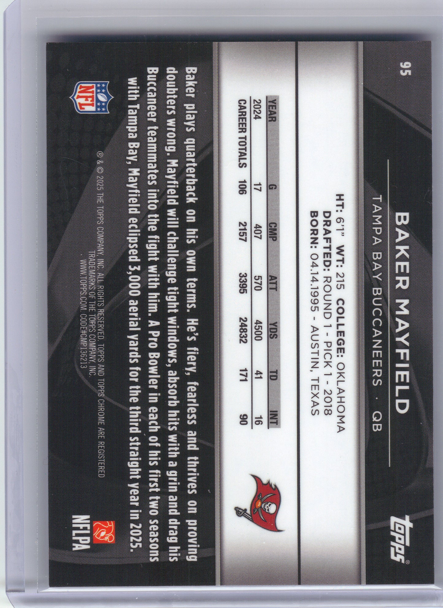 2025 Topps Chrome Black #95 Baker Mayfield Blue Refractor #/150 Tampa Bay Buccaneers SN